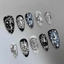 30Pcs Y2k Metallic Goth Press on Nails Medium Almond Fake Nails 3D Silver Chrome Design Black Press ons Punk Acrylic Nails Glitter Star Glue on Nails Gothic Artificial False Nails for Women Manicure