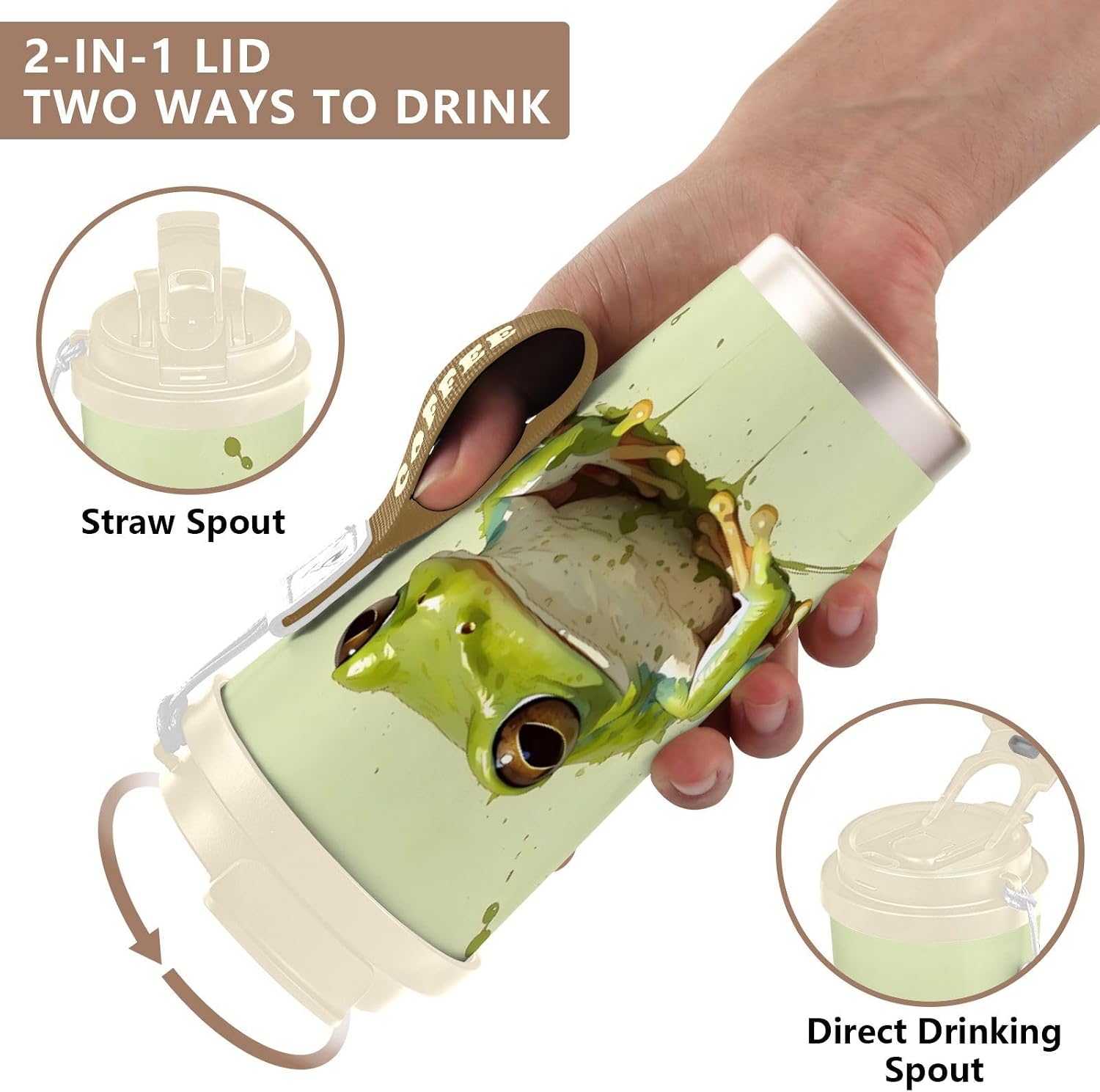 Insulated Coffee Mug Frog Watercolor with Straw & Flip Lid, 16.9oz Iced Tumbler Cup, Double Wall Vacuum Mug for Travel Office Camping