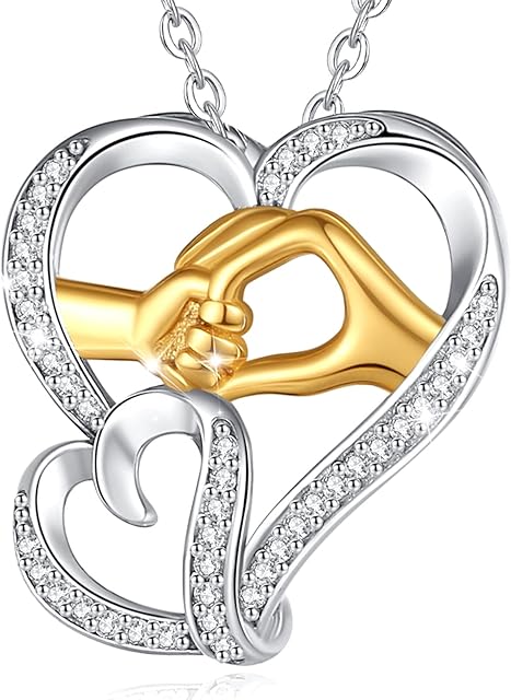 INFUSEU 925 Sterling Silver Necklace Heart Shape with Mother and Child Hand in Hand Heart Pendant Women Mothers Day Gift for Wife Girlfriend Mom