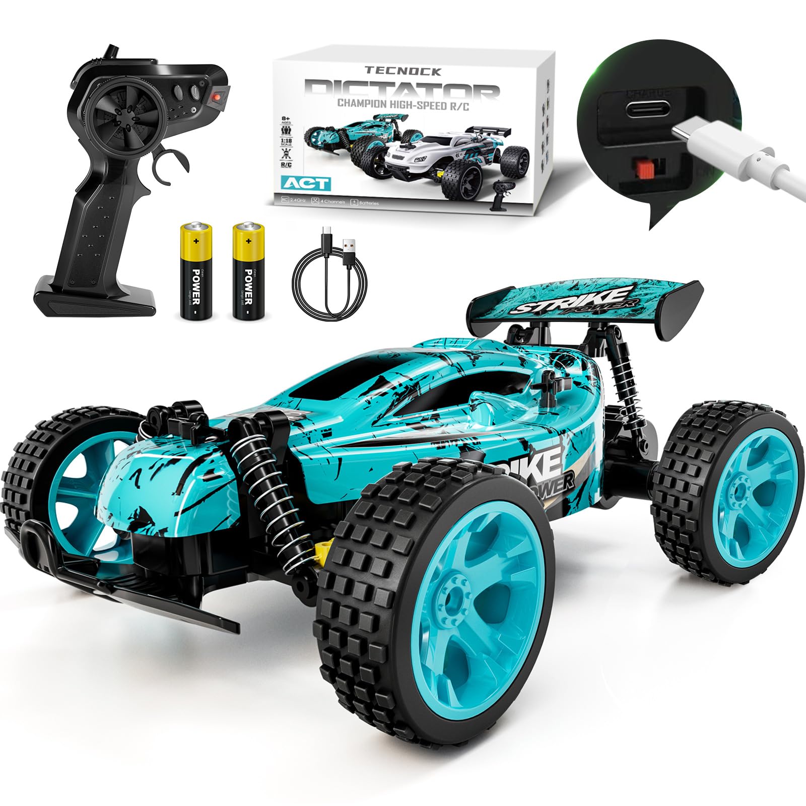 Tecnock RC Car Remote Control Car for Kids, 1:18 High Speed 20 KM/H 2WD RC Buggy, 2.4GHz Off Road Racing with Rechargeable Batteries, Toys Gift for Boys and Girls
