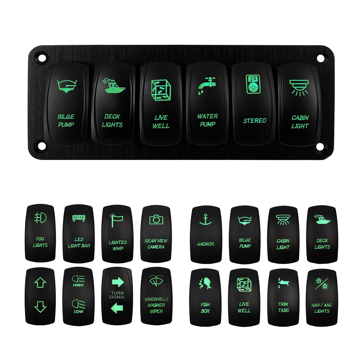 6 Gang Blue Customizable Rocker Switch Panel Pre-Built Aluminum Toggle Switch Panel with Holder Housing for Marine Boat Yacht Automotive 12V 24V IP66