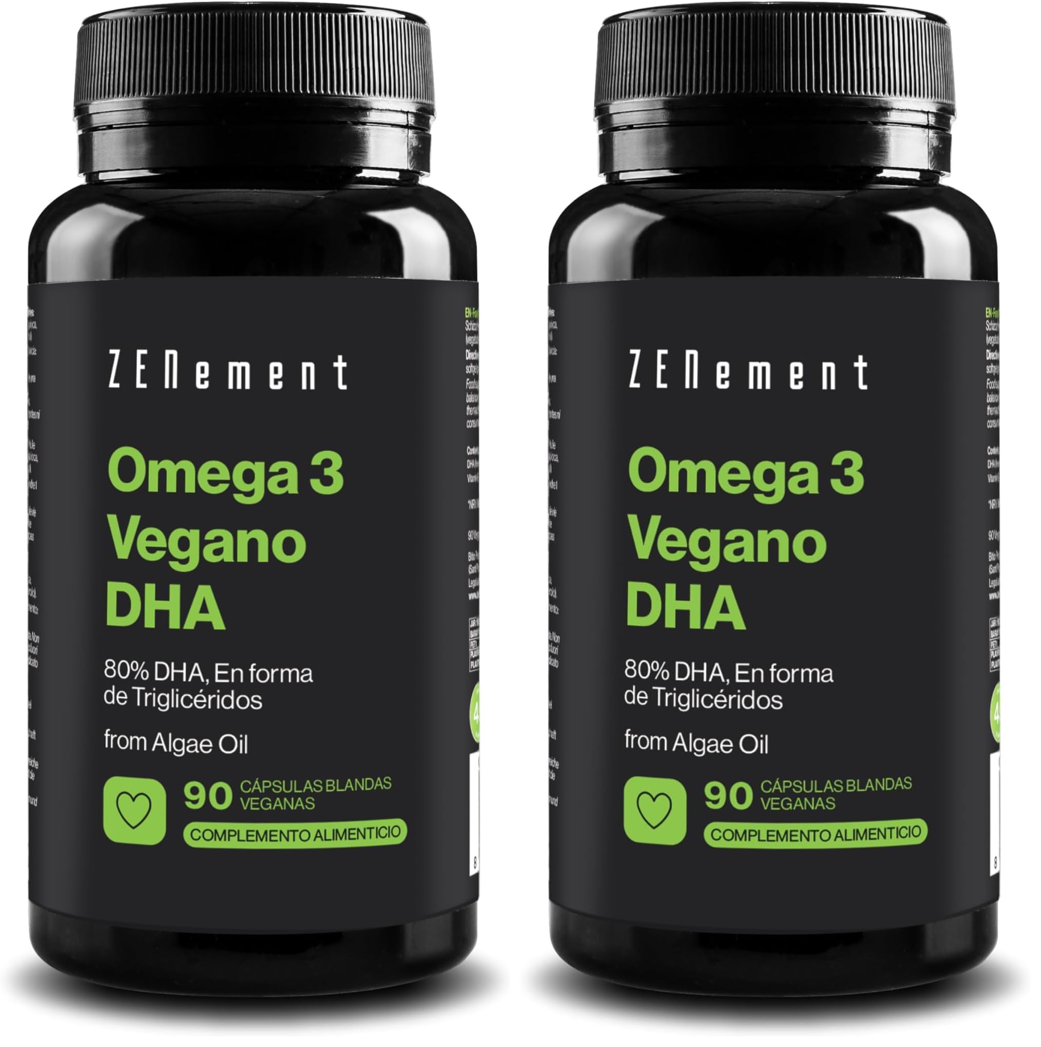 Omega 3 DHA 80% - de Aceite de Algas - Triglicéridos - 90 Cápsulas Veganas (Paquete de 2)