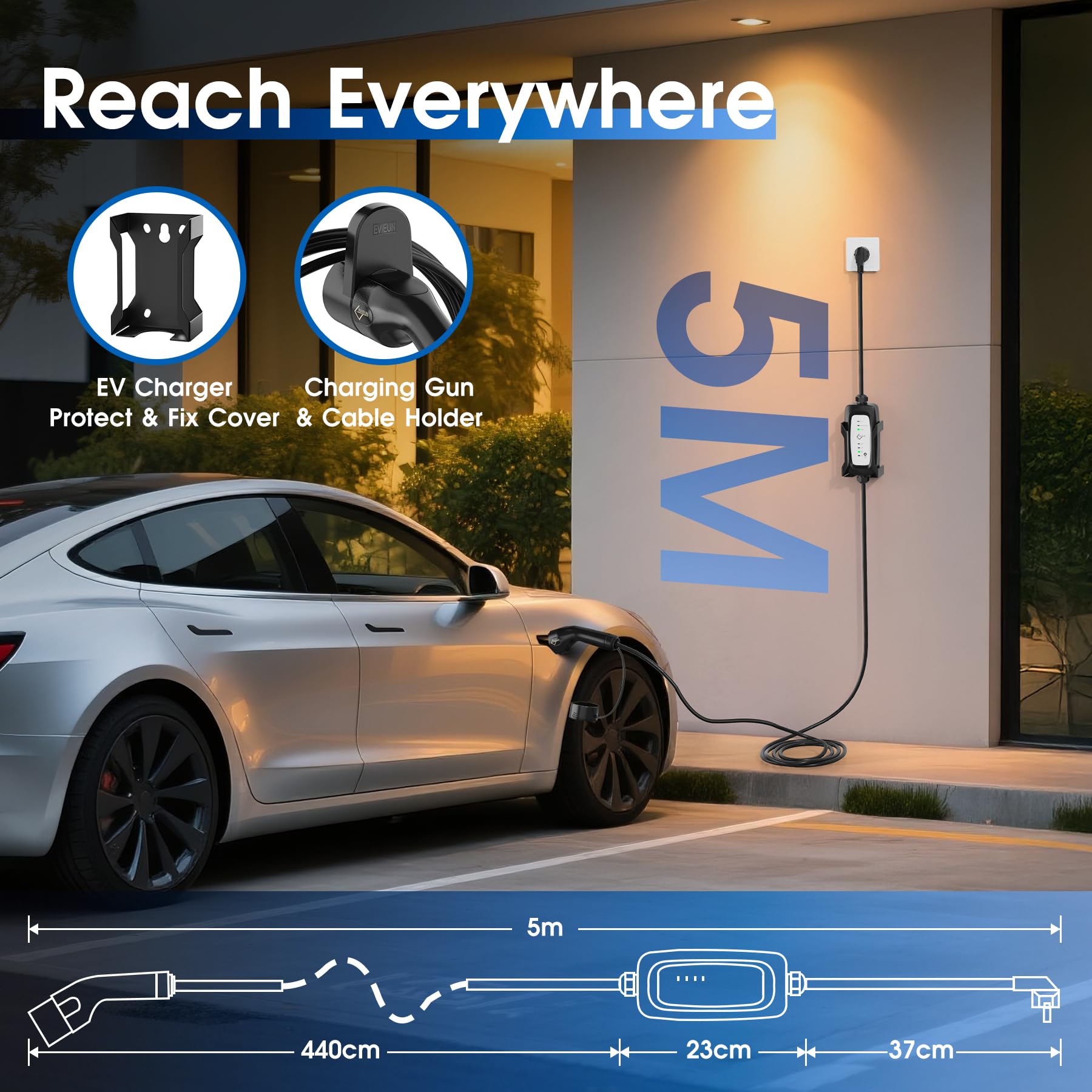 Kabel do ładowania typu 2 Schuko 3,6 kW [1-fazowy 5 m 6-16 A] | ładowarka EV z 4-stopniową regulacją prądu | kabel do ładowania samochodu elektrycznego IEC 62196-2 do ID.3/ID.4, model 3/Y, ZOE