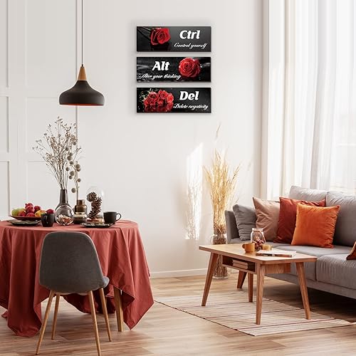 Miniatura 6 de Arte de pared rojo de 3 piezas, rosas rojas con citas positivas, arte de pared de madera para oficina, dormitorio, baño, sala de estar (12 x 4