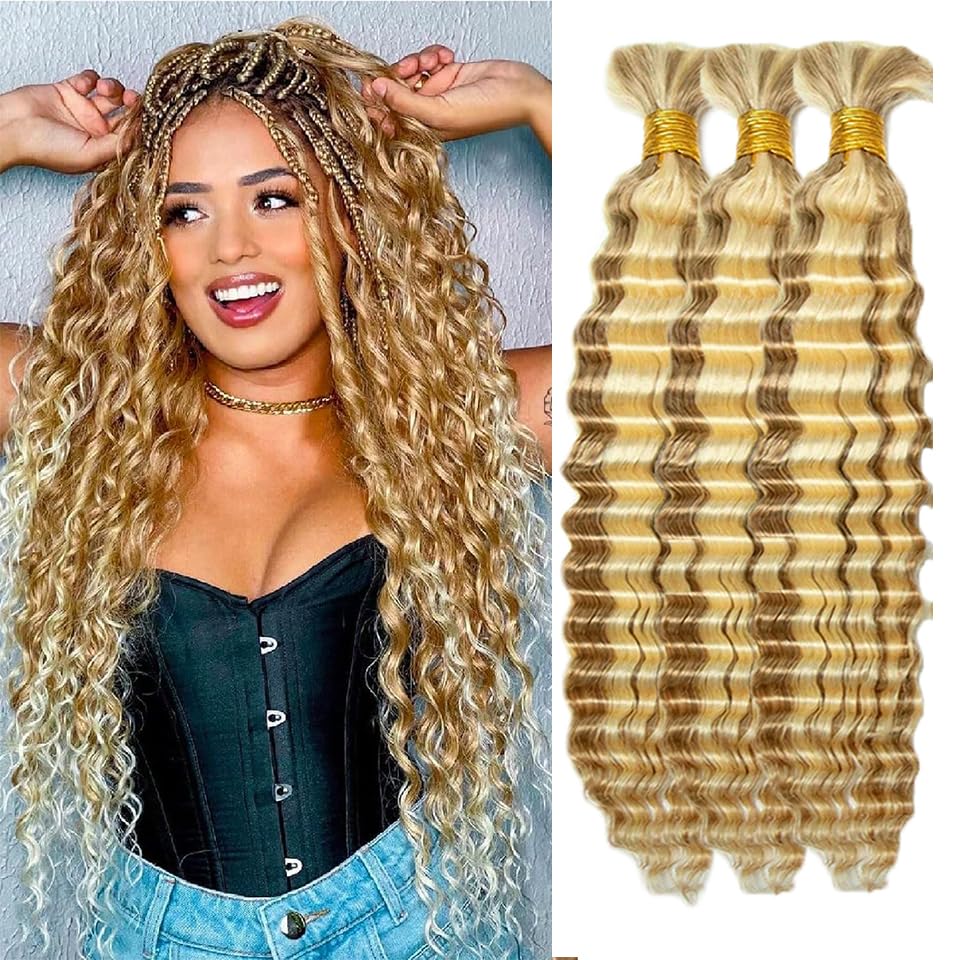 P27/613 Highlight Human Braiding Hair for Boho Braids 28 28 28 Inch Honey Blonde Deep Wave Bulk Human Hair Knotless Boho Braiding Curly Virgin Hair Extensions 150g 3 Bundles/Pack