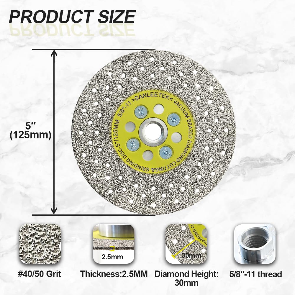 Diamond Cutting Grinding Disc 5"(125mm) Double-Sided Vacuum Brazed Saw Blade for Marble Granite Concrete Porcelain Tile 5/8"-11 Thread SANLEETEK