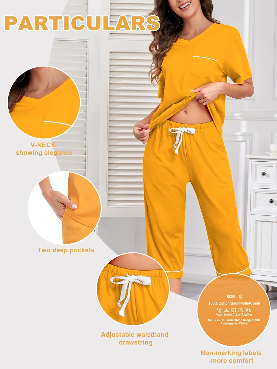 EA'S SECRET 100% Cotton Women's Pajama Set V Neck Top and Capri Pants Sleepwear Sets Loungewear with Pockets(Marigold, X-Large) - Image 5