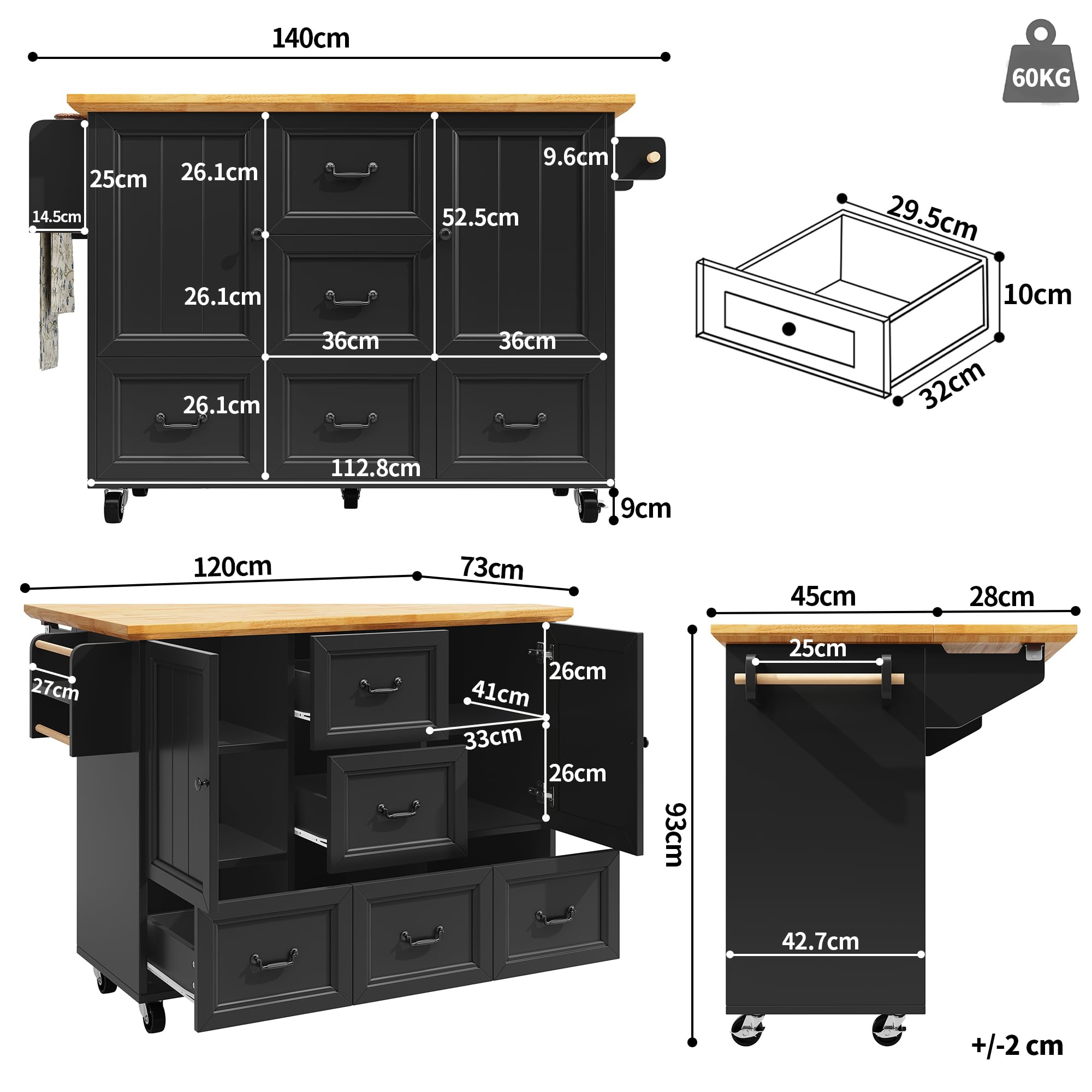 Isola cucina su rotelle, isola cucina allungabile con 2 ante e 5 cassetti, carrello da cucina con portasciugamani e portaspezie per cucina, sala da pranzo, mobile buffet, nero