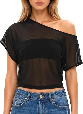 Navneet Women Sheer Mesh Top See Through Off Shoulder Top