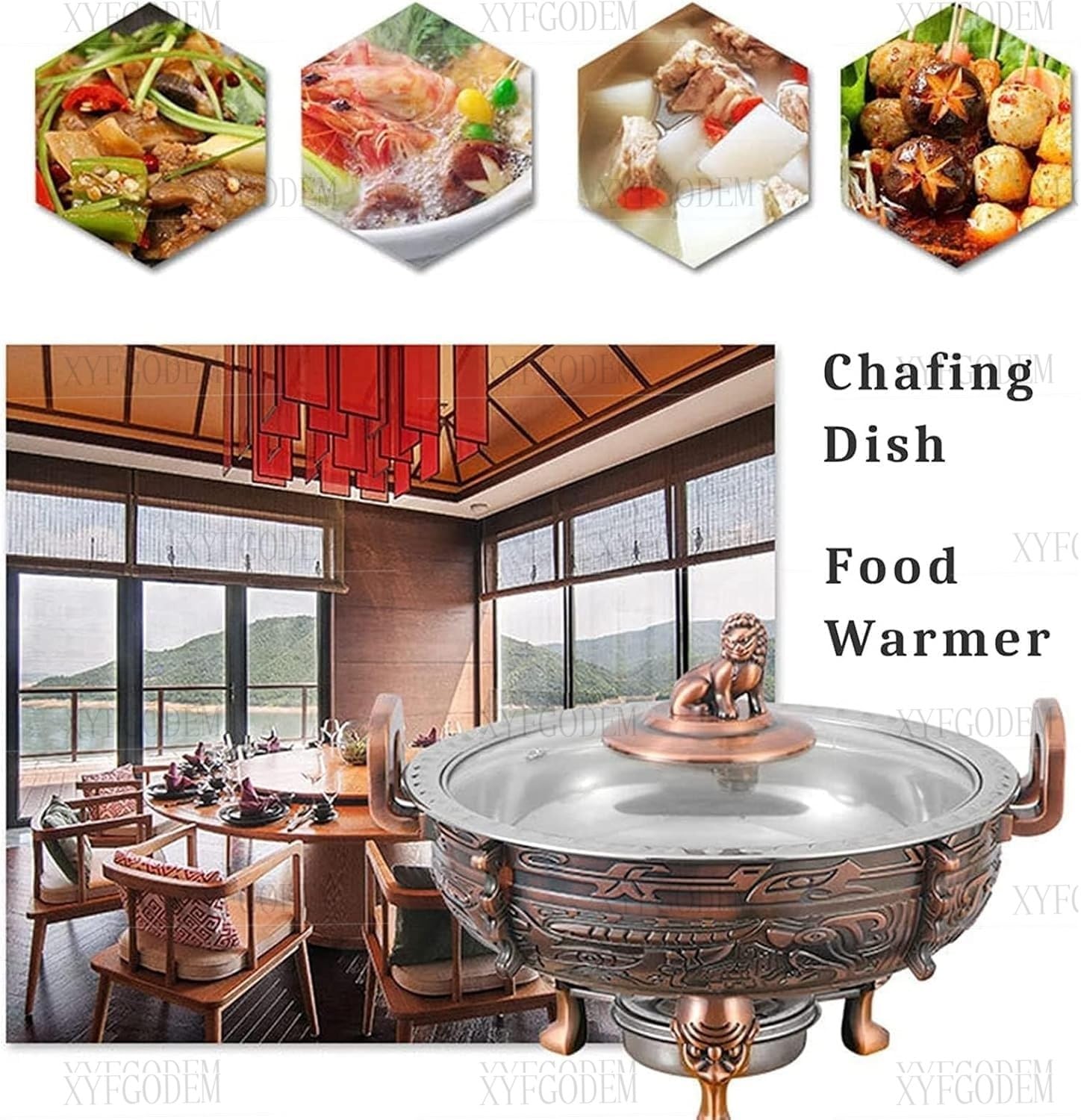 Juego de Plato Redondo y Calentador Alimentos Metal Duradero con Tapa Ventana Asas Laterales, Bandeja para Buffet Catering, Ideal para Fiestas, Cocina Eventos (Paquete 1)