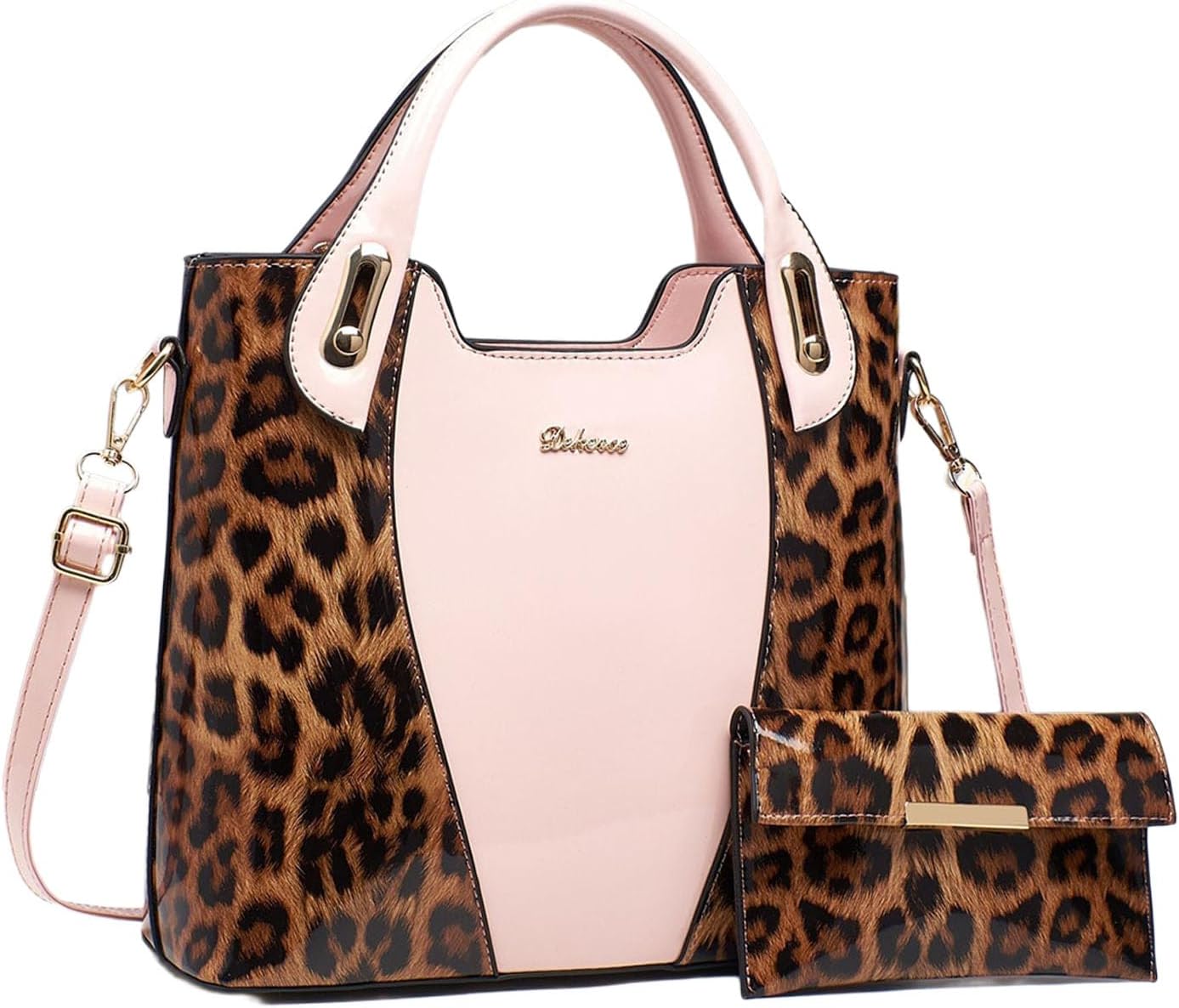 YUNZLAN Fashion Glossy Leopard Print Tote for Women with Purse Leather Handbags for Women with Zipper
