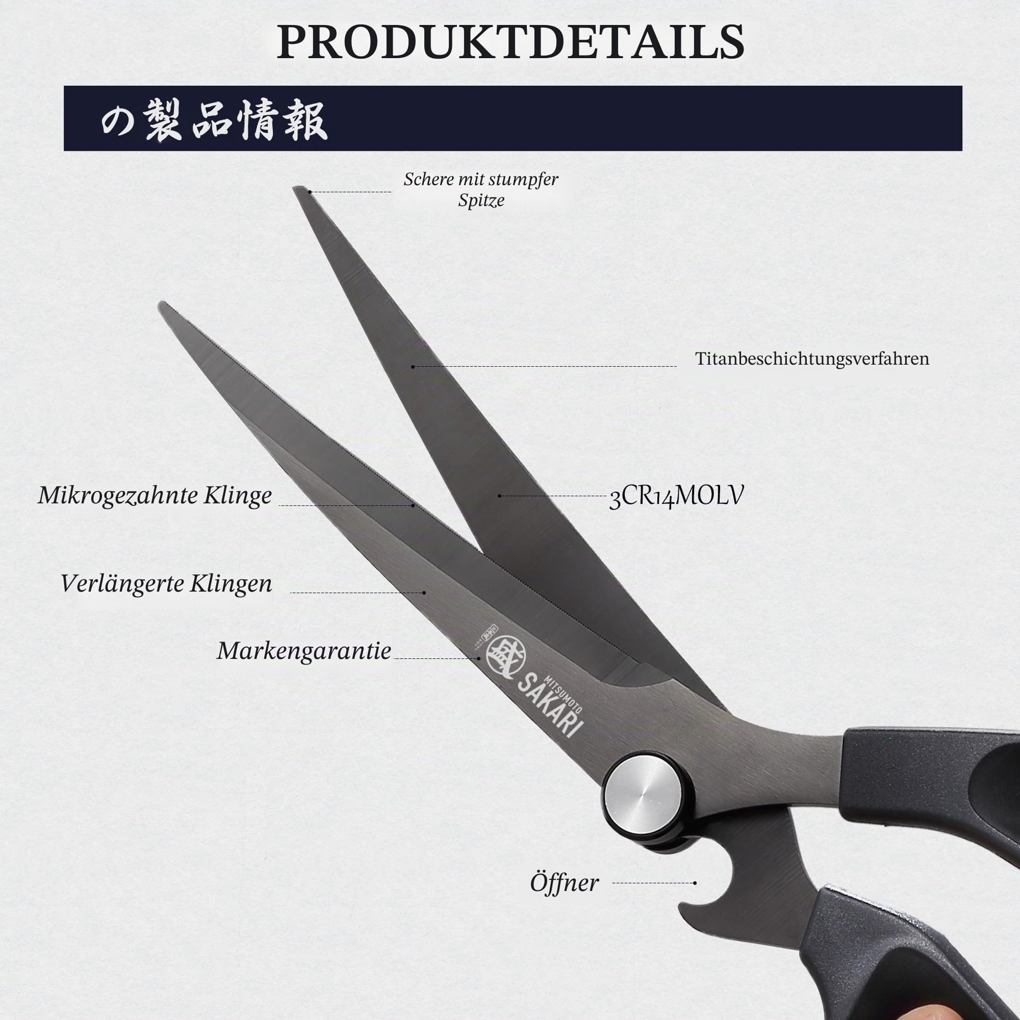 MITSUMOTO SAKARI Japanische Küchenschere, Verlängerte Fleischschere, Multifunktionale Schwarze Haushaltsschere (Rutschfester Griff)
