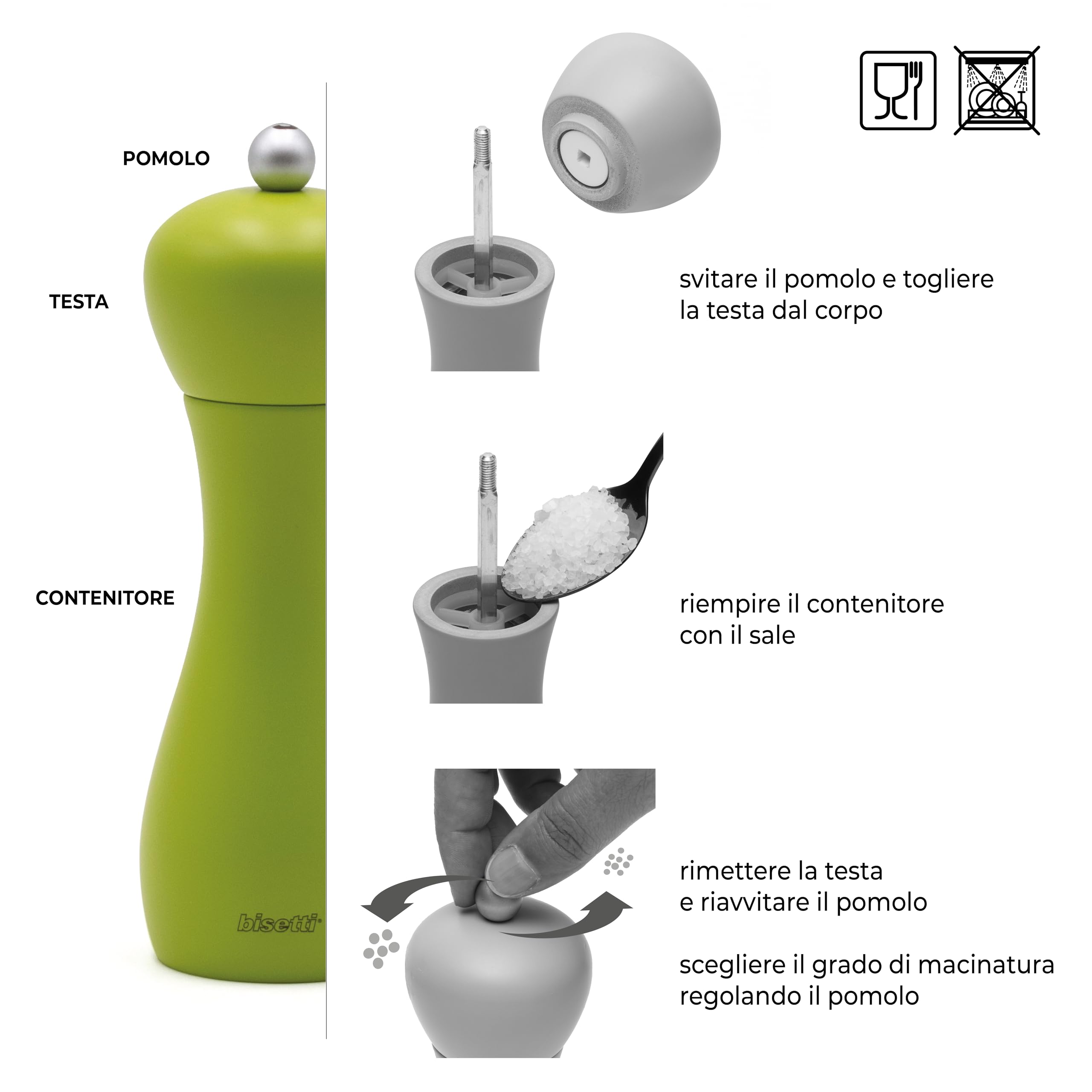 Macina Sale Manuale Rimini in Legno di Faggio Laccato 18 cm, Macinino Manuale per Sale con Macina in Ceramica ad Alta Resistenza, Elegante e Made in Italy - BISETTI (Verde Chiaro Opaco)