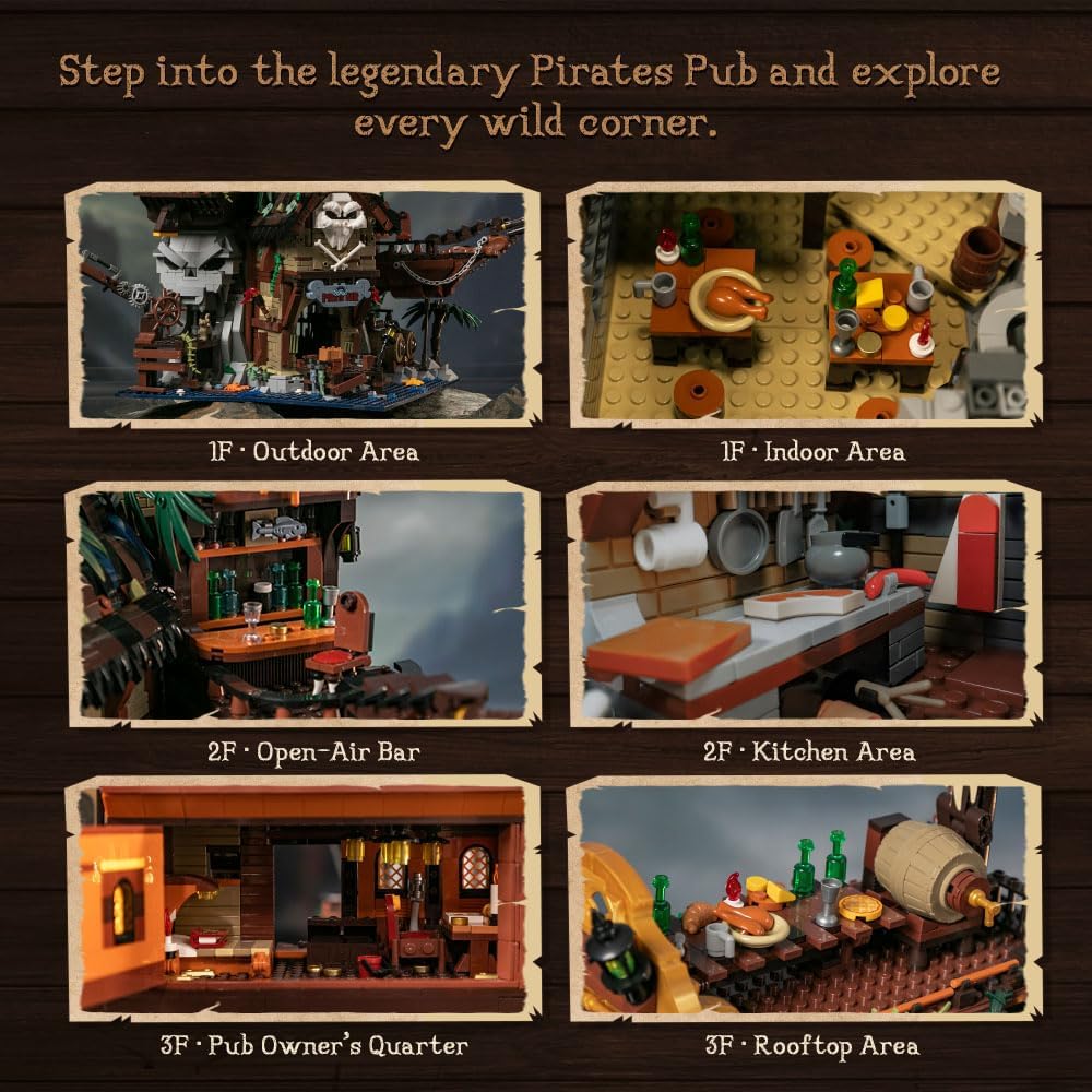 PANTASY Pirate Pub Building Kit – Modular Shipwreck Tavern Architecture Deck with Terrace Bar, Rum Bottle & Pirate Figures – Creative Nautical Display Set for Adults and Collectors - Image 5
