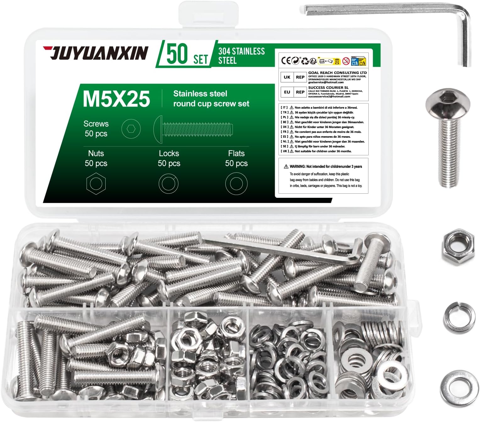 50 Set M5 x 25 mm Nuts and Bolts Assortment, Hex Socket Button Head Screws Bolts and Nuts Set, Stainless Steel Allen Machine Screws with Flat & Lock Washers Set