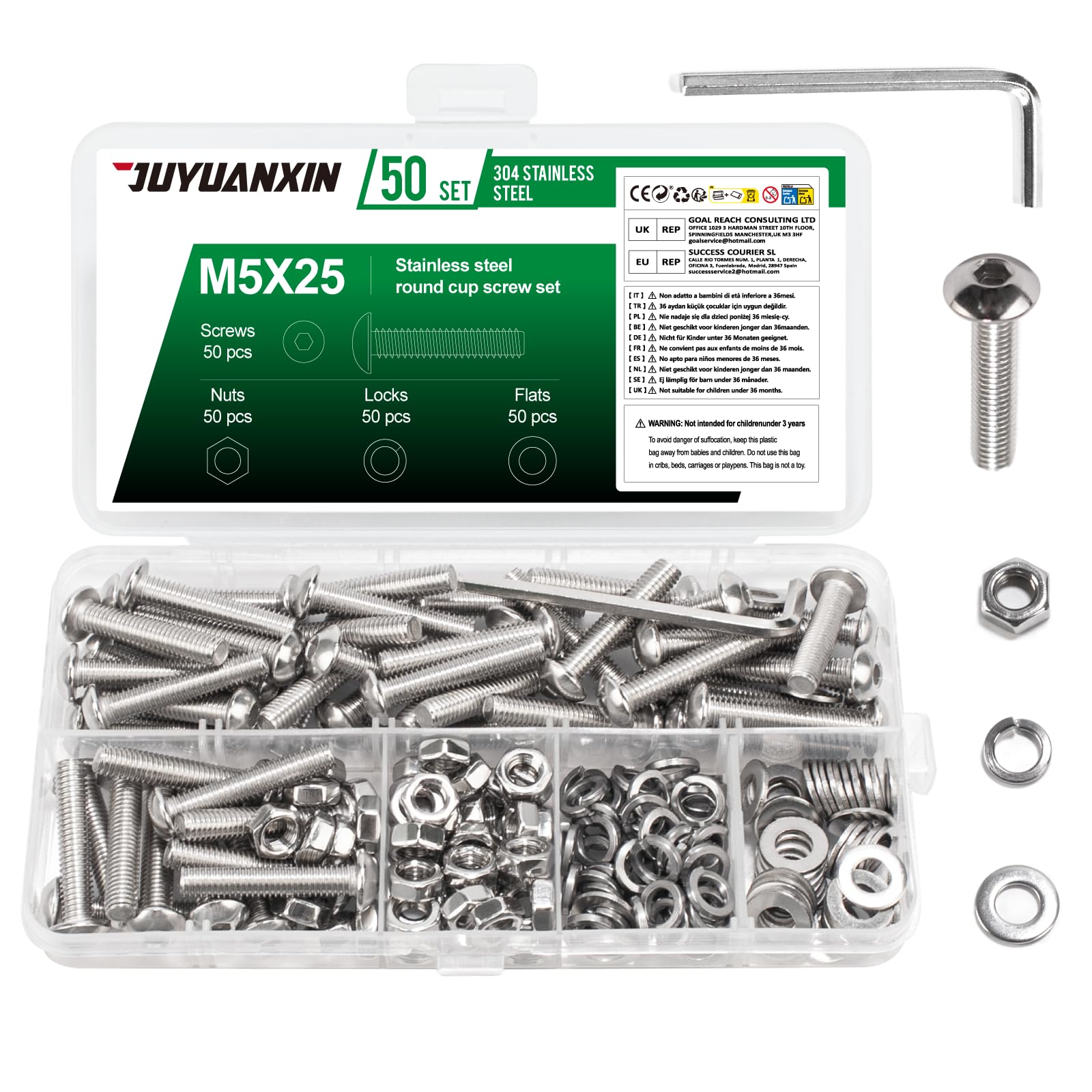 50 Set M5 x 25 mm Nuts and Bolts Assortment, Hex Socket Button Head Screws Bolts and Nuts Set, Stainless Steel Allen Machine Screws with Flat & Lock Washers Set