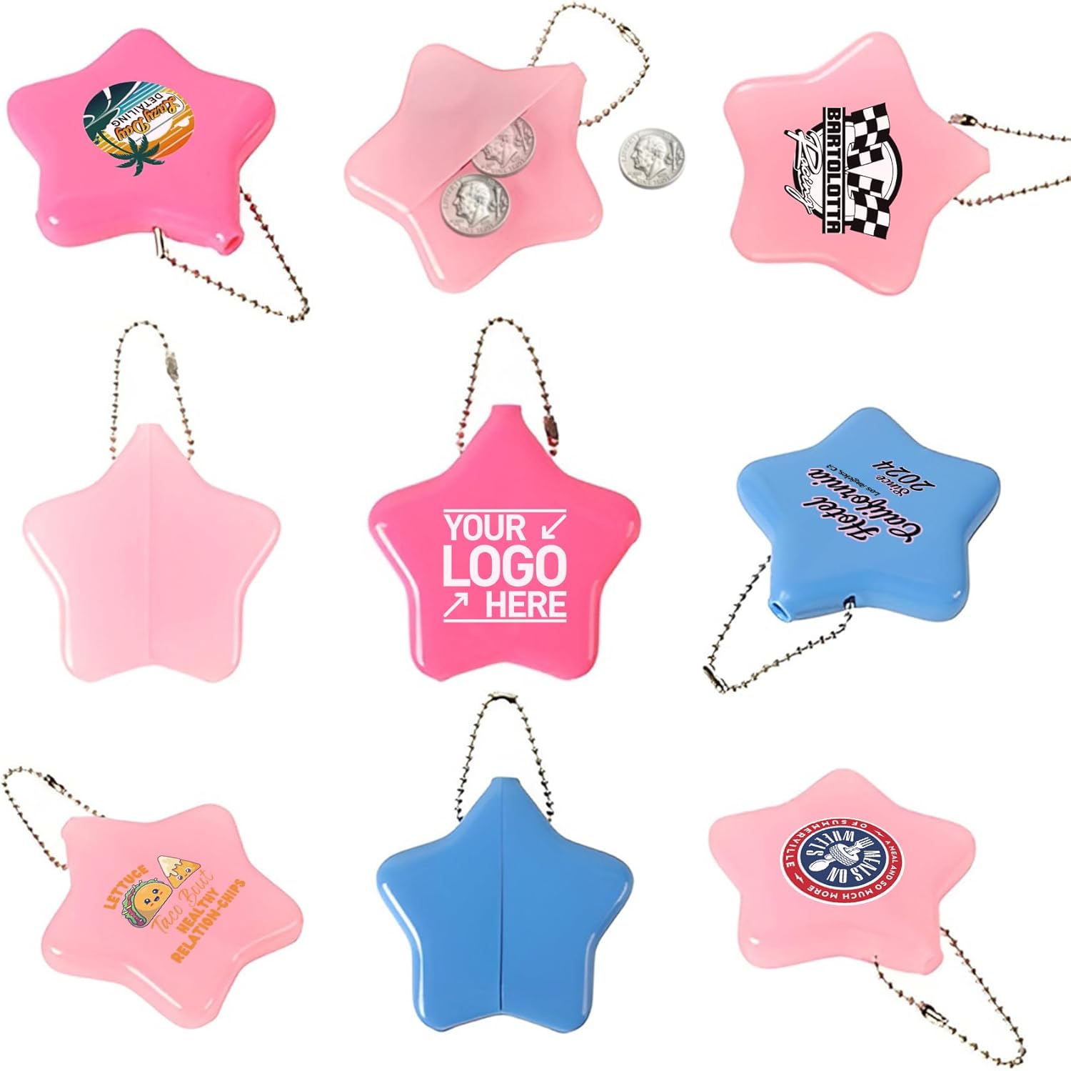 100 Pcs Custom Logo PVC Star Coin Purse with Keychain for Bulk Orders Squeeze-Open Pocket Pouch for Events Promotions Schools Trade Shows & Corporate Gifts