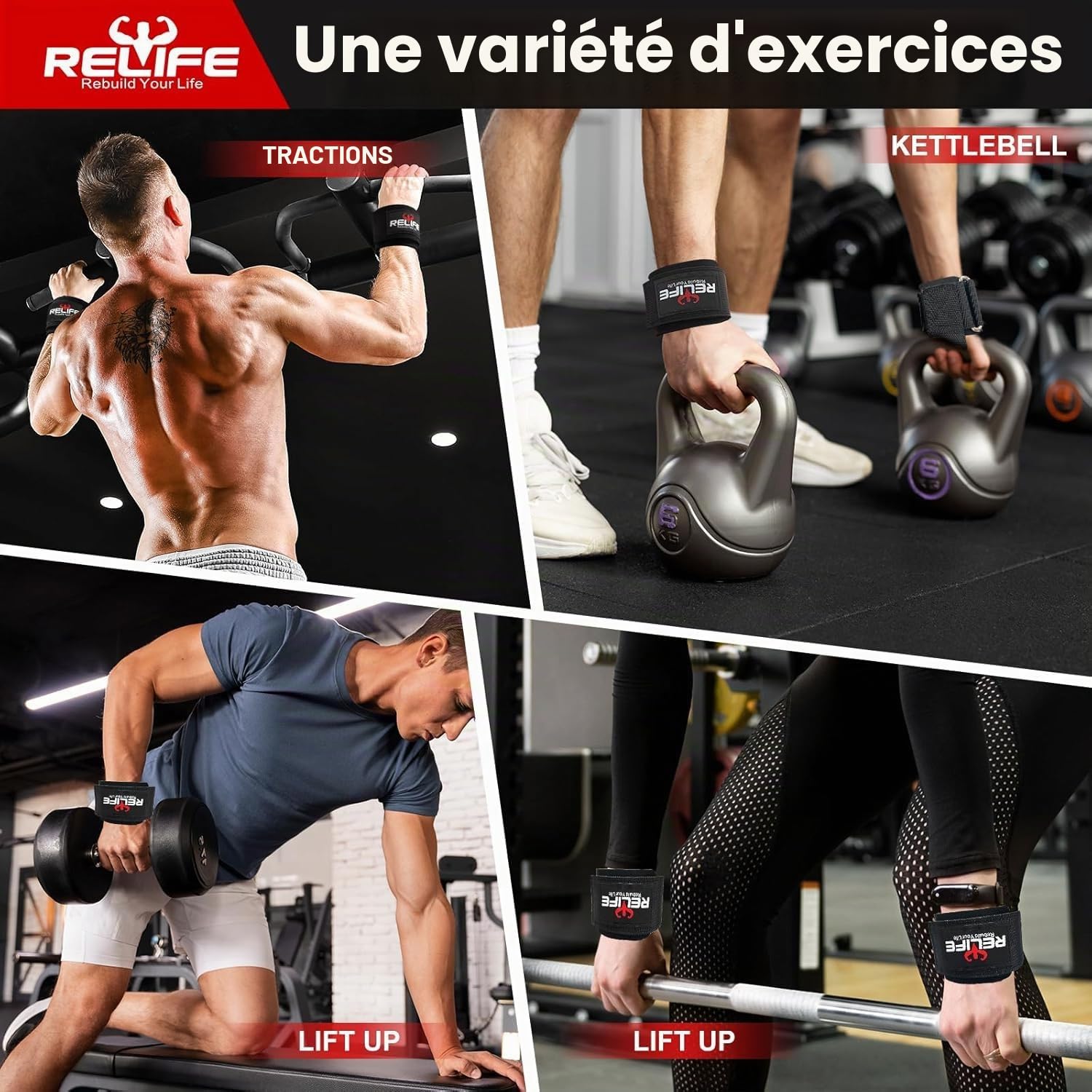 RELIFE REBUILD YOUR LIFE Straps de Musculation pour Traction Assistée Bandes Poignet Hooks de Levage (Paire) pour Powerlifting Poignées d'Entraînement Crochets de Levage