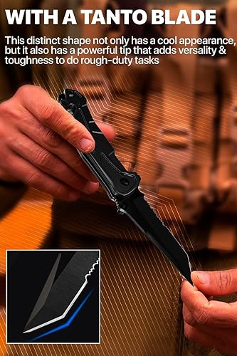Miniatura 6 de Cuchillo táctico legal para hombres, hoja dentada Tanto de 2.8 pulgadas, pequeño cuchillo de bolsillo negro y cortador de cinturón de seguridad,