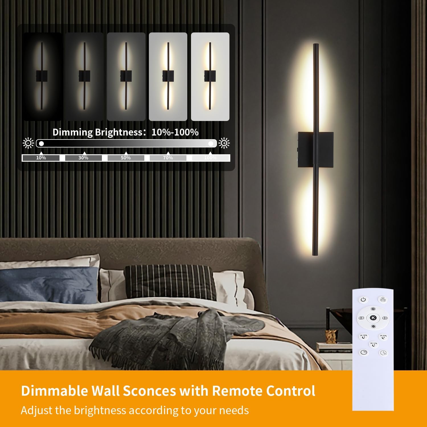 Battery Operated Wall Sconces Set of 2,Dimmable Wall Sconce with Remote Control,Modern Black LED Rechargeable Wall Sconces Lights,27 Inch Wireless Lamp for Living Room,Bedroom,Bathroom