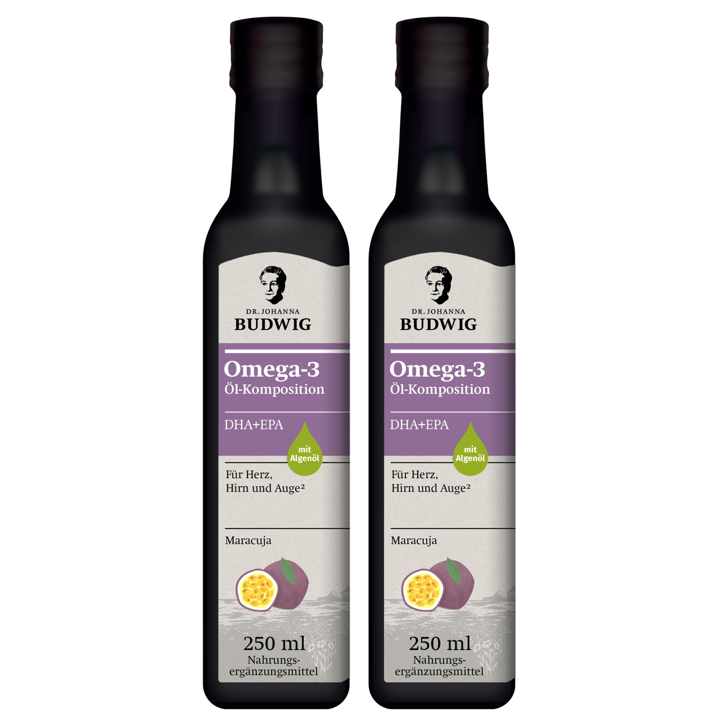 Dr. Budwig Omega-3 DHA+EPA Öl Maracuja (2x 250 ml) – pflanzliches Omega mit ALA – 97% Bio-Zutaten – 9,4 g Omega-3 pro Tagesportion – vegan
