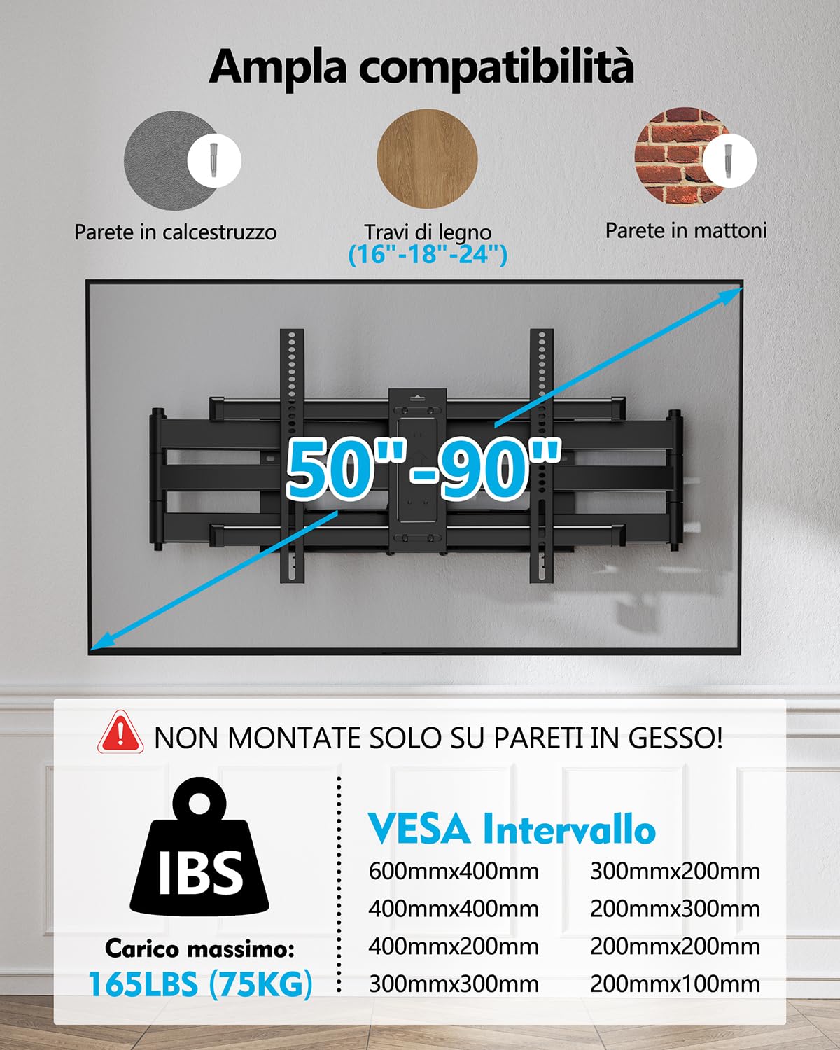 FORGING MOUNT Supporto TV Parete Braccio Extra Lungo 109cmper Schermi piatti/curvi da 50-90 Pollici fino a 75 kg, Staffa TV Girevole Inclinabile Orientabile, Max VESA 600x 400mm