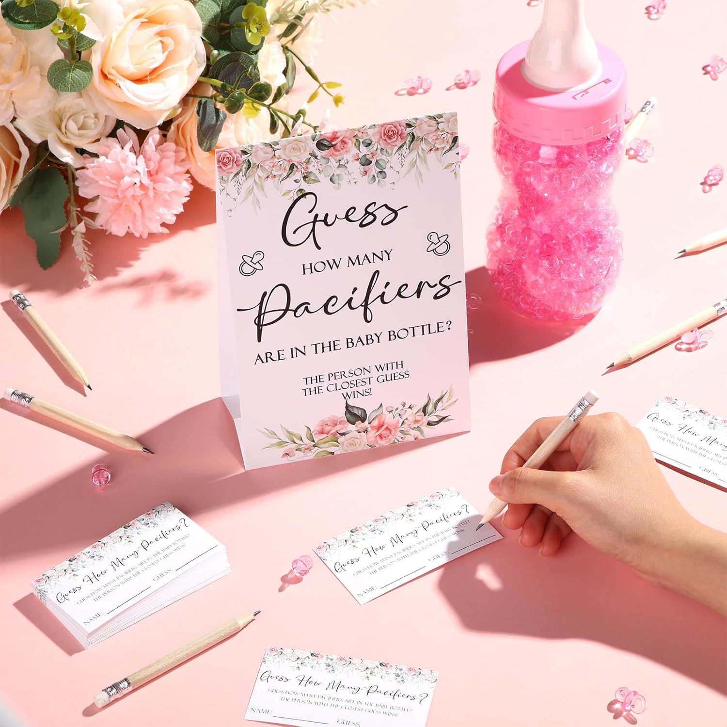 Roowest 512 Pcs Baby Shower Games Guess How Many Pacifiers Sign 100 Small Guessing Games 10 HB Pencils 750ml Milk Bottle 400 Acrylic Pacifiers Decoration for Guest Gender Reveal(Pink,Flower)