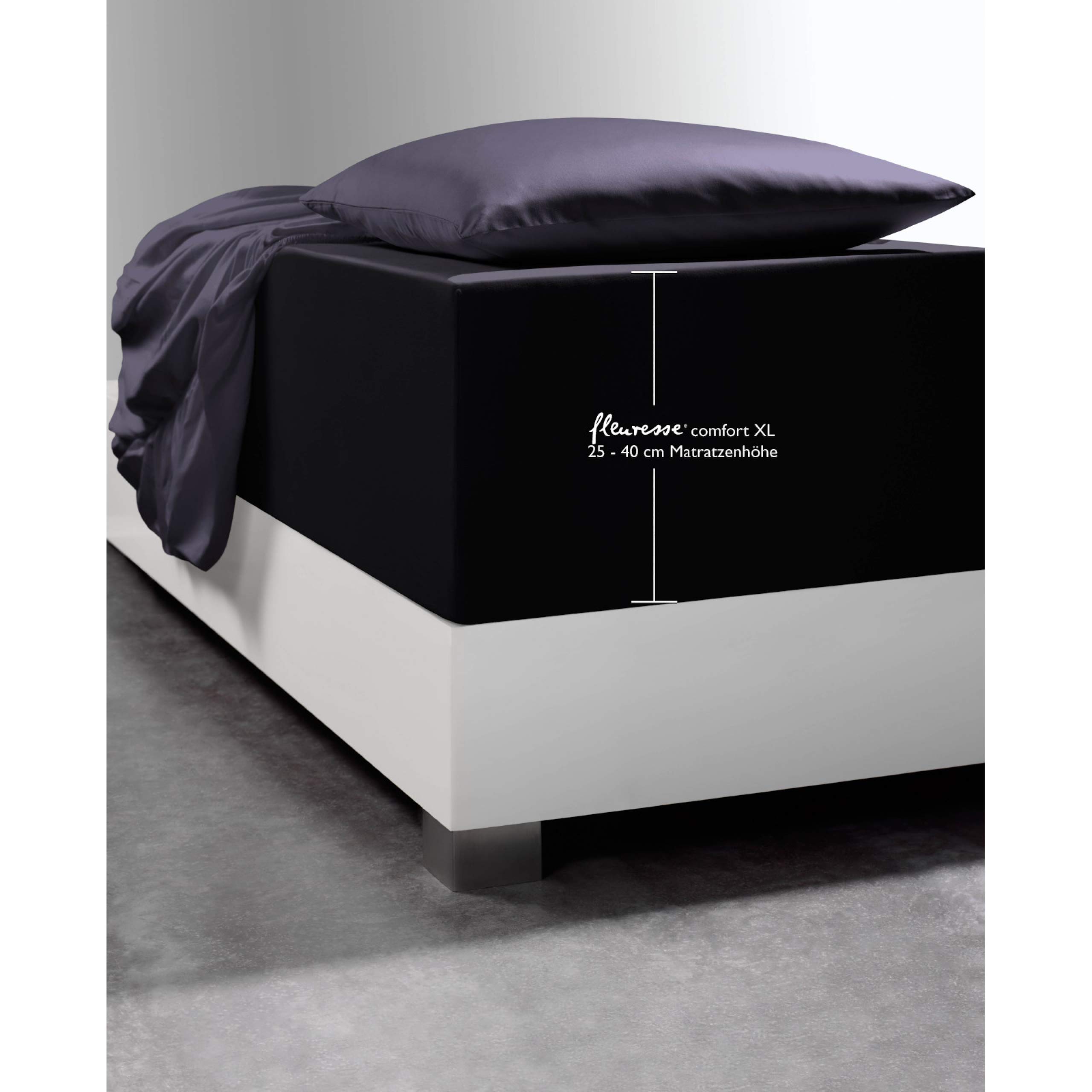 fleuresse 1119 Drap-Housse en Jersey Stretch XXL (96% Coton, 4% élasthanne), avec élastique Autour du Cou, certifié Ökotex 100, pour Matelas jusqu'à 40 cm de Hauteur, 140 x 190-160 x 220 cm, Noir