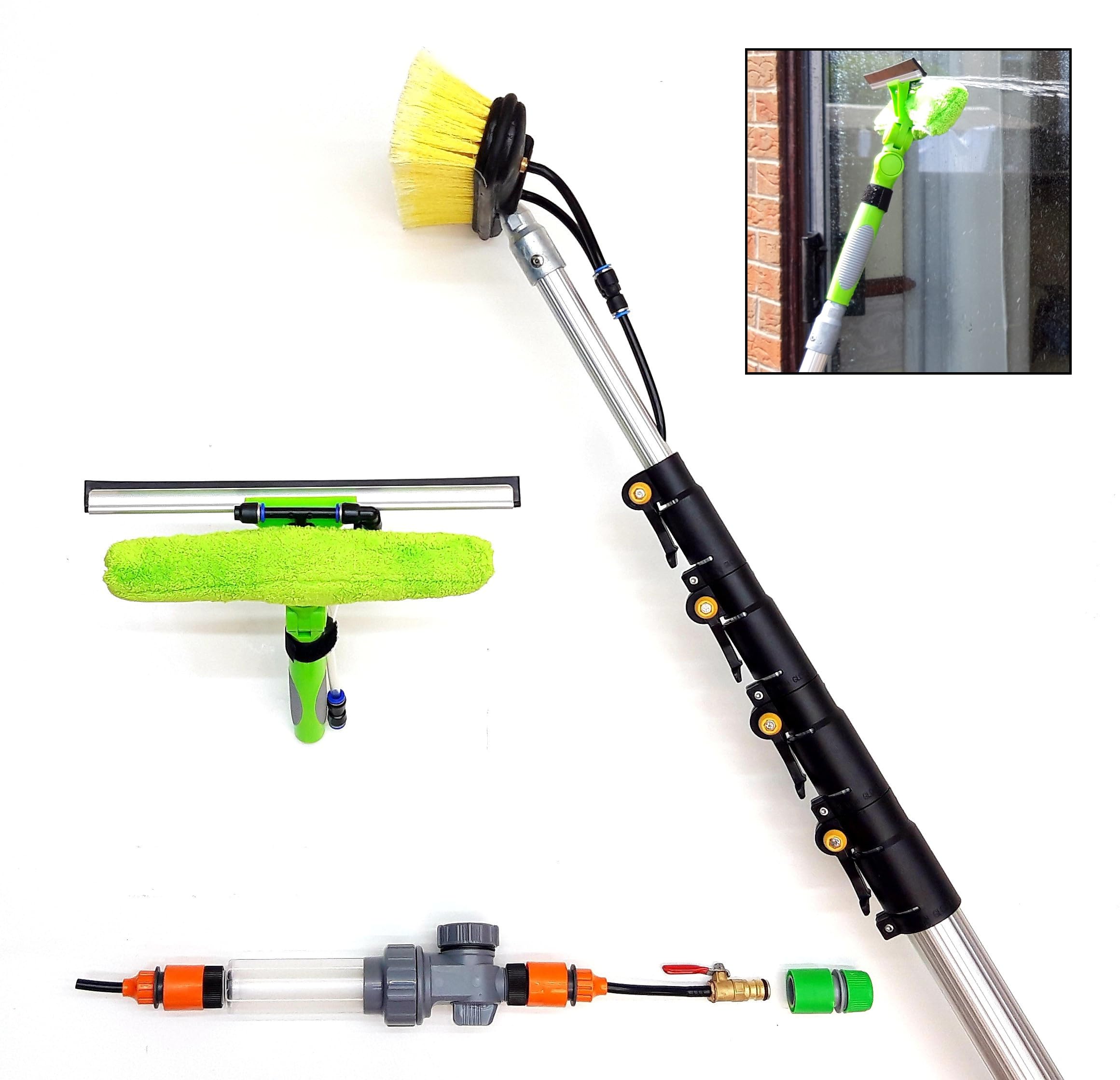 Hi-Tech Silver 16Ft-20Ft-24Ft Telescopic Water Fed Window Cleaning Pole, Solar Panel Conservatory Roof Cleaner Kit, High Reach Extendable Brush Squeegee Tool