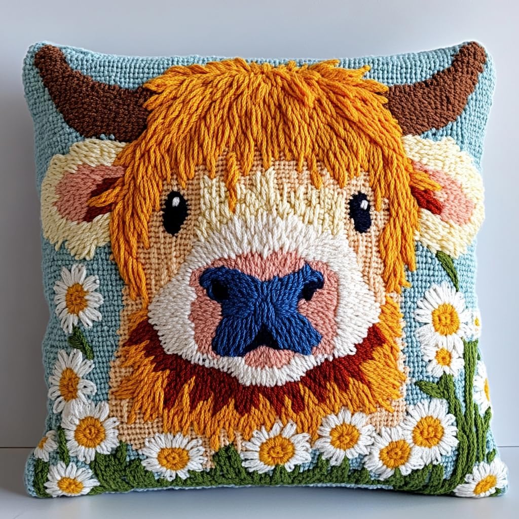 DIY Punch Needle Pillow Kit Cute Highland Cow Daisy Flowers with Pattern and Hoop Handmade Embroidery Punch Needle Starter Pillowcase Set for Home Sofa Decor 43x43cm-1-81