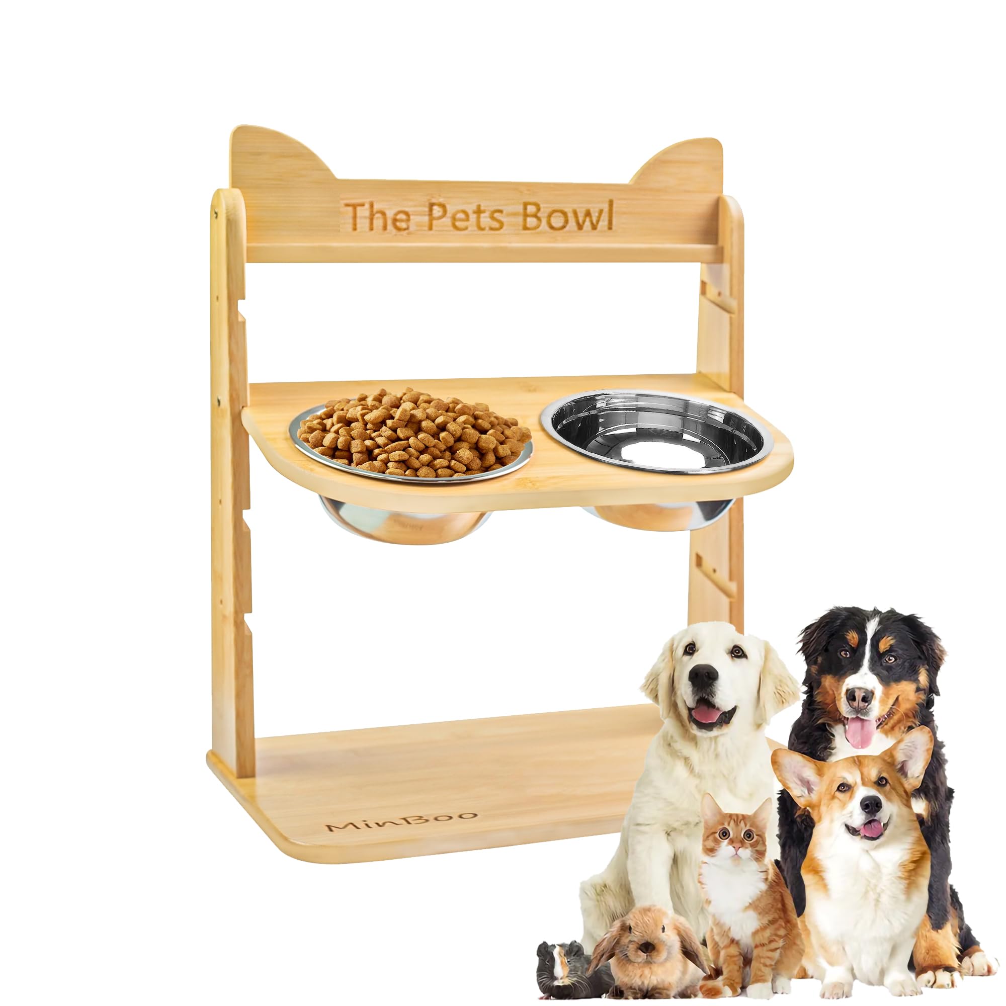 Photo 1 of **the color is black** Elevated Dog Bowls Adjustable Bamboo Raised Tilting Dog Bowl Stand Non-Slip Feet Dog Food Bowls with 2 Stainless Steel Bowls Adjusts to 4.7", 7.4", 10.2", 13" for Large Medium Dogs
