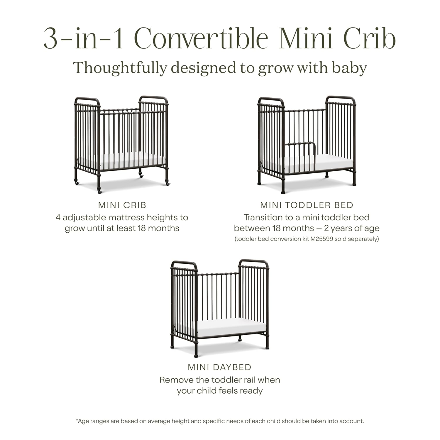 Namesake Abigail 3-in-1 Portable Baby Crib with Wheels - GREENGUARD Gold Certified Convertible Crib to Toddler Bed & Daybed - Metal Baby Bed w/ 4 Adjustable Mattress Heights, for Small Spaces - Iron