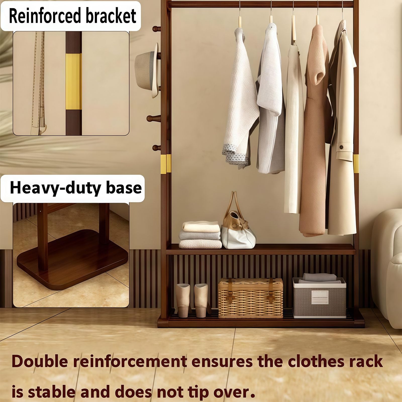 Perchero resistente de madera maciza con estantes de almacenamiento y ganchos para colgar ropa, sombreros, carteras, independiente para pasillo y dormitorio