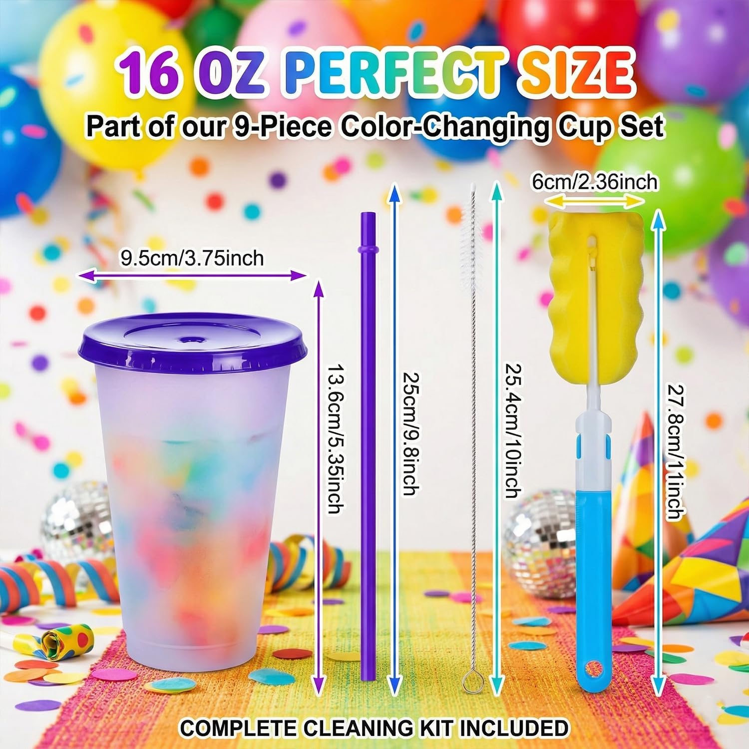 ALINK 9er Set Farbwechsel Becher Kinder 470ml, Wiederverwendbare Plastikbecher mit Deckel & Strohhalm, Magische Party Trinkbecher inkl. Bürsten