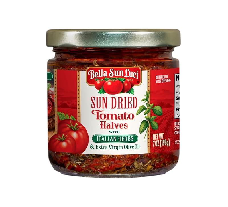 Bella Sun Luci Sun Dried Tomatoes Halves with Italian Herbs and Extra Virgin Olive Oil, Mediterranean Italian Style Sun-Ripened Tomatoes, Kosher, Vegan, Gluten-Free, Premium Ingredient for Pasta, Pizz
