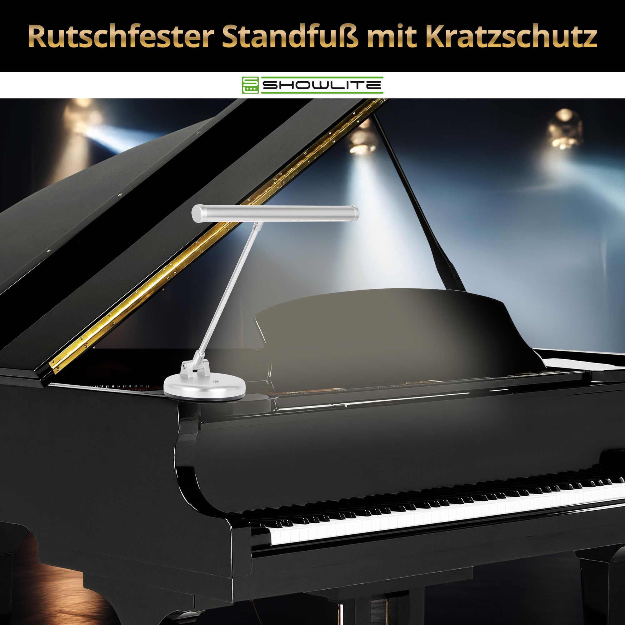 Showlite PL-1-SL-KW LED Klavierleuchte - Klavierlampe mit 15 LEDs - kaltweißes Licht in 2 Stufen - 36 cm Höhe - Betrieb per USB, Netzstrom oder Batterie - silber matt