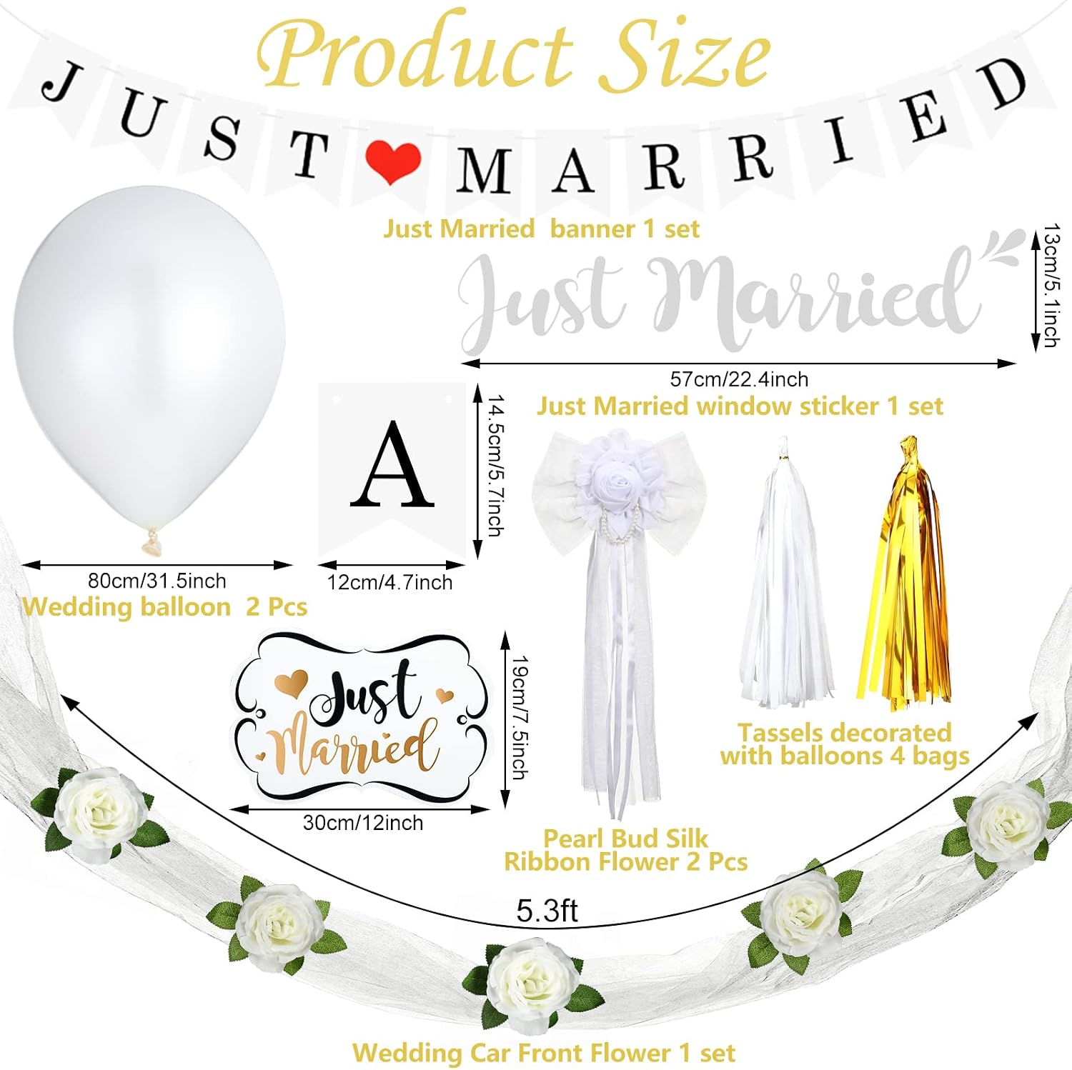 Sosation 9 Pcs Just Married Car Decorations Wedding Car Decorations Just Married Magnets Banner Decals Flower Pearl Bud Ribbon Balloon for Honeymoon Wedding Reception Ceremony Party Decor Photo Prop
