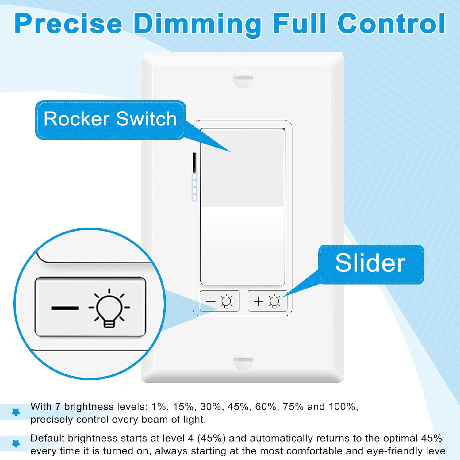 2PK Dimmer Light Switch for Dimmable LED,15A 120V,Single Pole or 3 Way Dimmable Switch,No Neutral Need, Max 300W LED, CFL, 600W Incandescent/Halogen,UL Listed