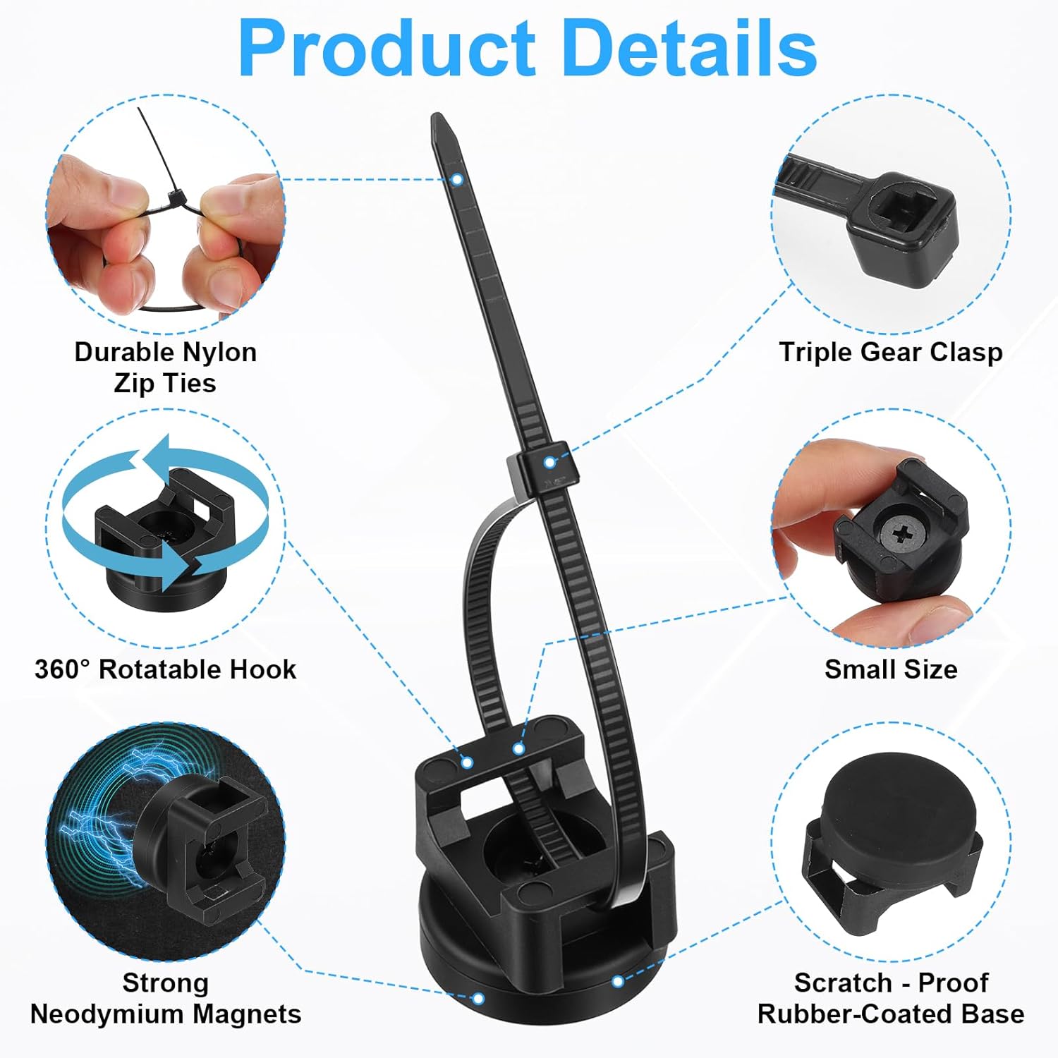 120Pcs Magnetic Zip Tie Mounts – 20 Heavy-Duty Magnet Bases & 100 Nylon Cable Ties for Strong, Neat Wire Management