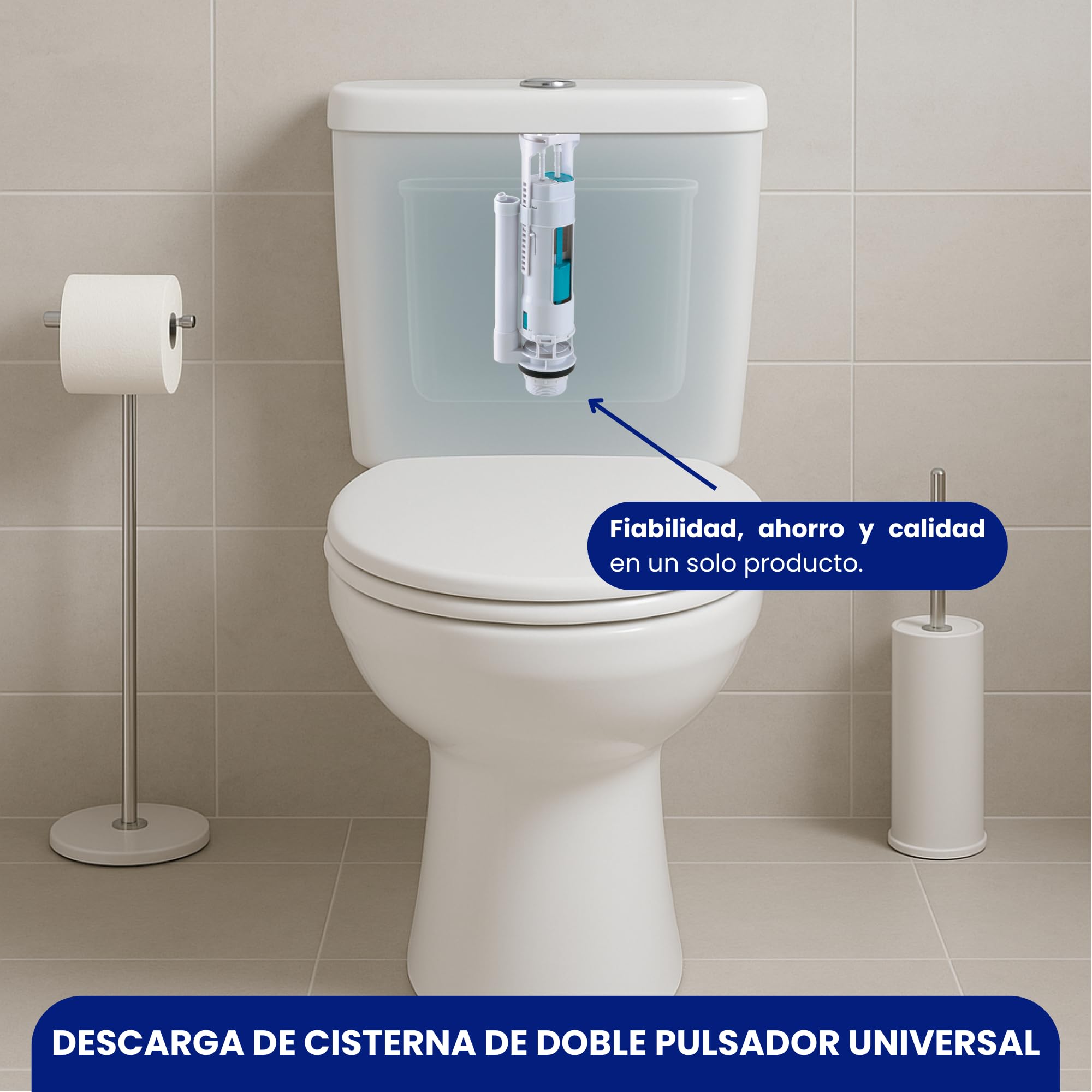 BriTools Descarga Universal para Cisterna WC Orificio 60 mm y Altura Ajustable | Compatible con Inodoros Roca y Estándar – Pulsador Doble, Fácil Instalación y Ahorro de Agua