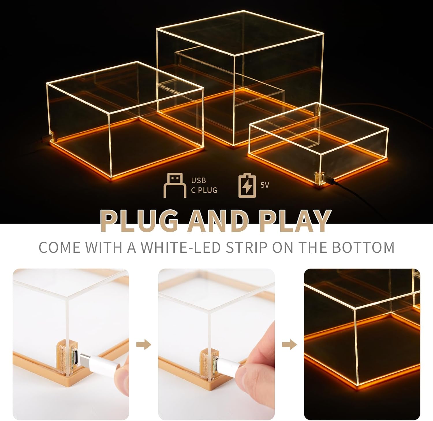 3Pcs Acrylic Display Risers with LED light, Acrylic Cube Box Clear Display Stand with Hollow Bottoms for Figures Dessert Jewelry Perfume Handbag (Clear-3pcs)