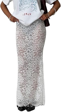Women Lace Long Skirts Y2k Sheer Maxi Skirt Sexy See Through Beach Cover Up Long Skirt Streetwear