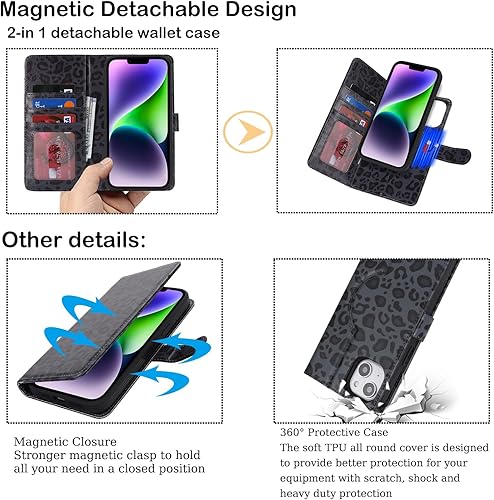 Miniatura 7 de Havaya Magsafe - Funda para iPhone 14 Plus, compatible con iPhone 14 Plus, con tarjetero, funda magnética de cuero desmontable para mujeres y