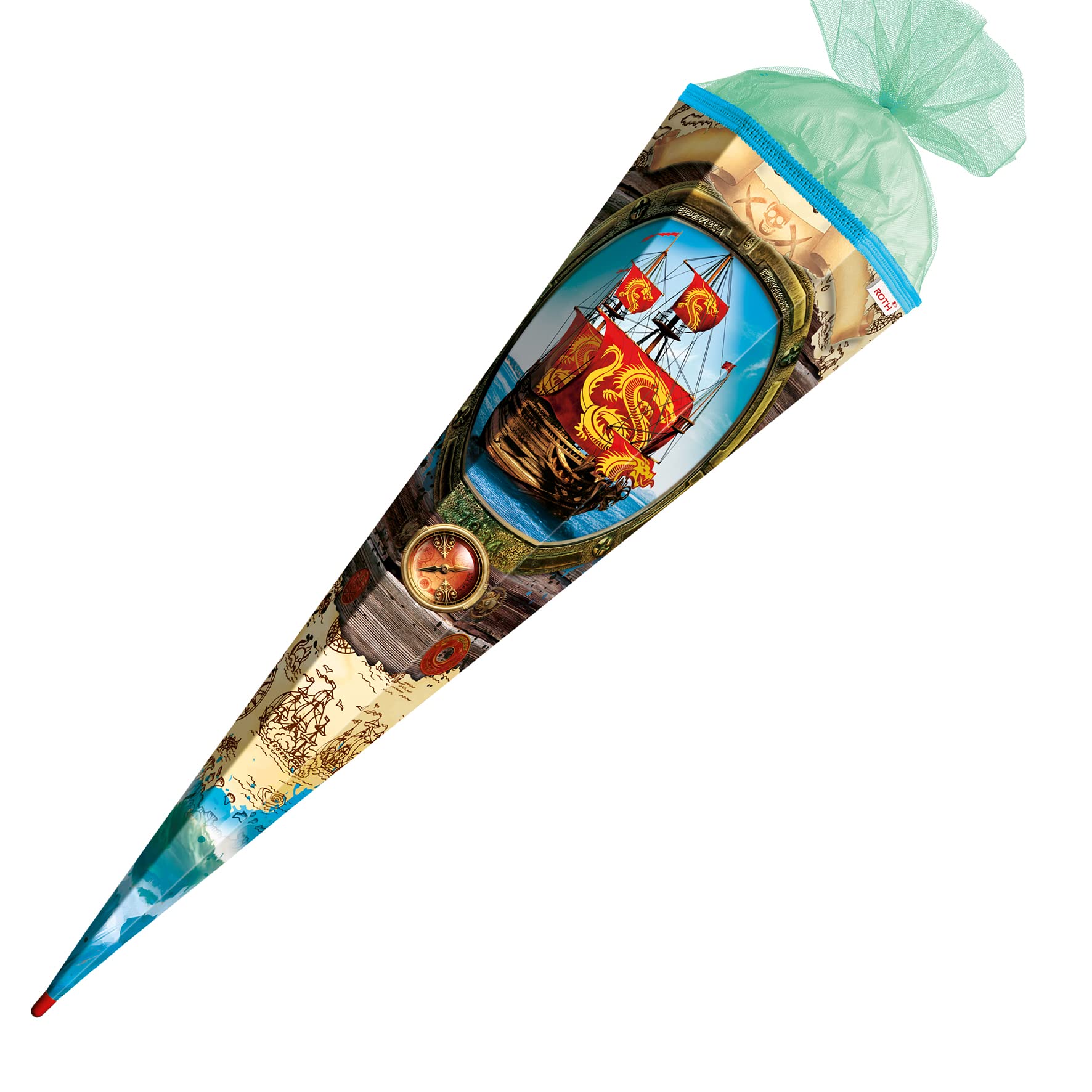 ROTH Schultüte groß Piratenschiff 85 cm eckig Rot(h)-Spitze Tüllverschluss Zuckertüte Schulanfang