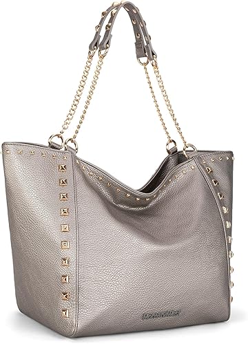 Miniatura 9 de Montana West - Bolso de mano grande para mujer con asa superior sobredimensionada y bolsos con cadena XL-oro,XL-negro,XL,rosa intenso,Peltre