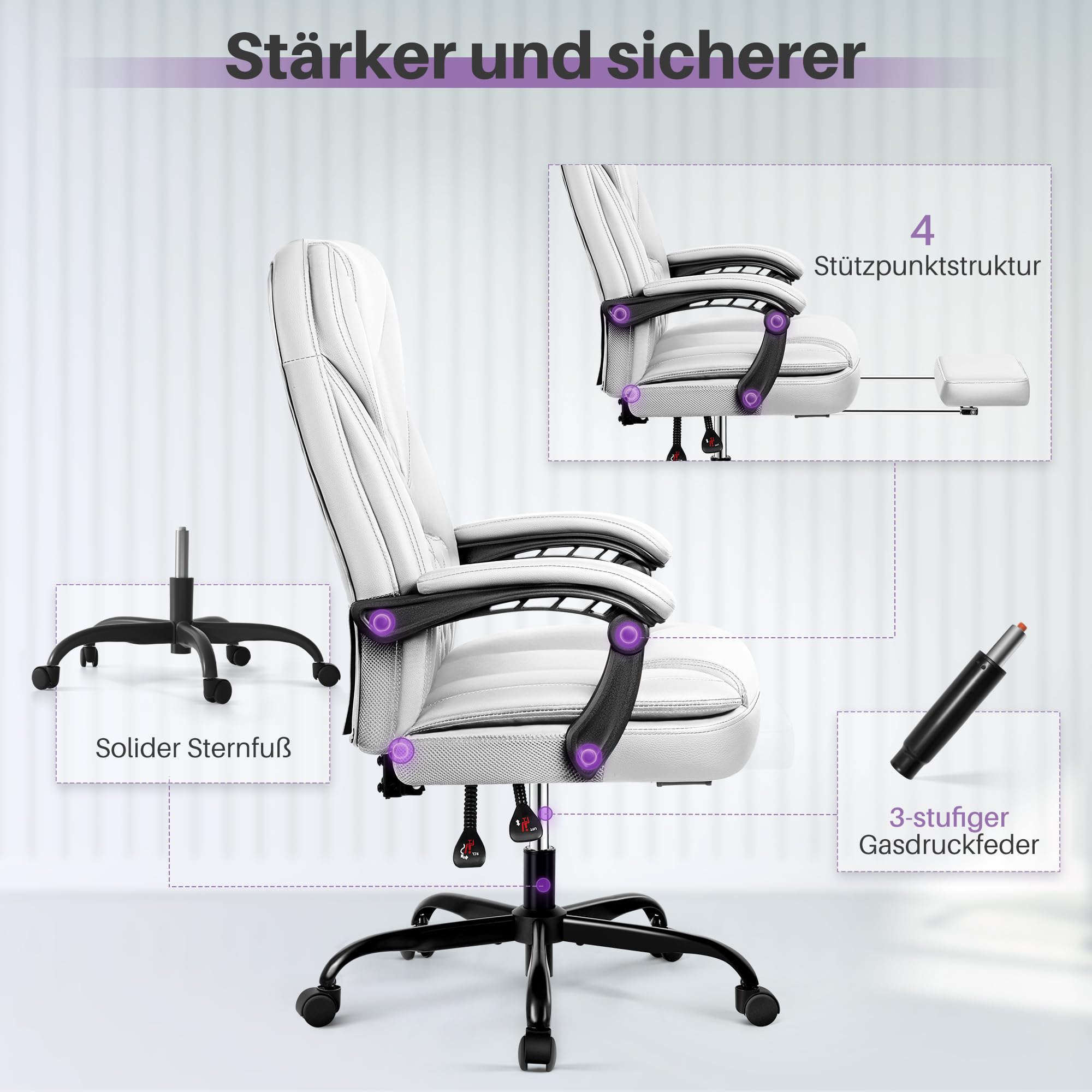 Bürostuhl ergonomischer Schreibtischstuhl bis 140°mit Fußstütze Kopfstütze Wippfunktion Drehstuhl Chefsessel Kunstleder, Grau