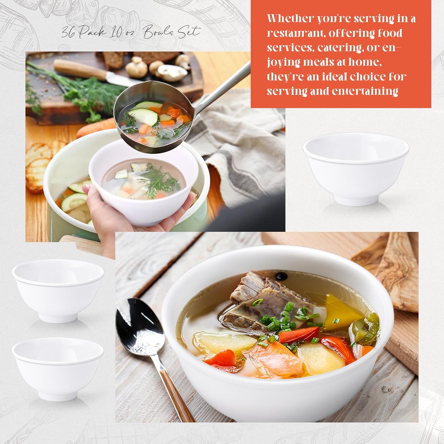 Tioncy 36 Pcs Bowls Set Unbreakable Dessert Soup Salad Bowls for Pasta Cereal Soup Dishwasher Safe (10 oz,White)