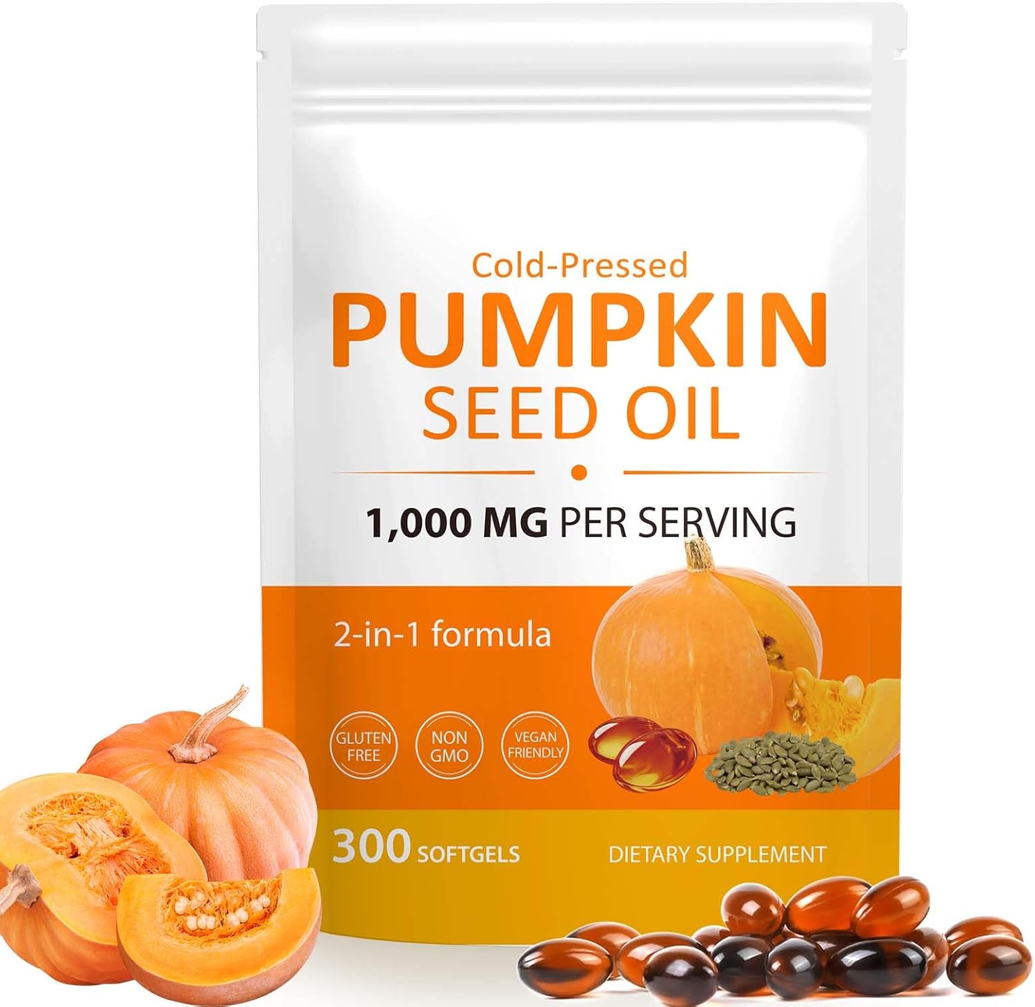 Pumpkin Seed Oil Capsules, 300Pcs Pumpkin Seed Oil for Hair Growth & Prostate Health, Supports Urinary, Cold Pressed 2-in-1 Formula, Herbal Supplement Skin Care (1 PC)