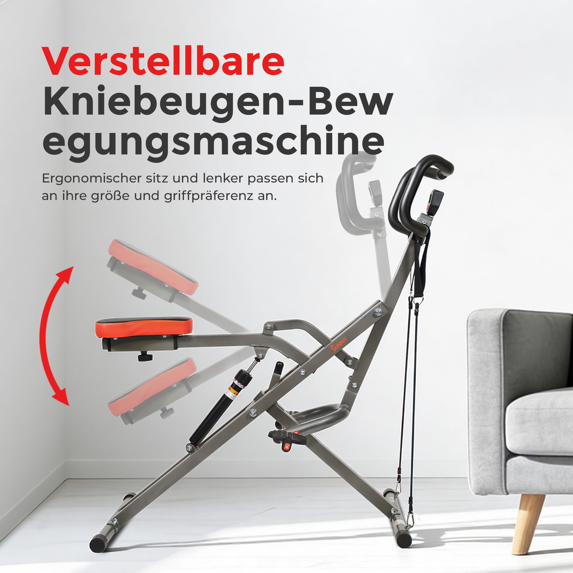 Sunny Health & Fitness Row-N-Ride PRO Ganzkörper Squat Trainingsgerät mit Optionale Widerstandsband, Einfach Aufzubauende Bauch und Ganzkörper Cardio Trainingsgerät für Zuhause, Optionale SunnyFit App