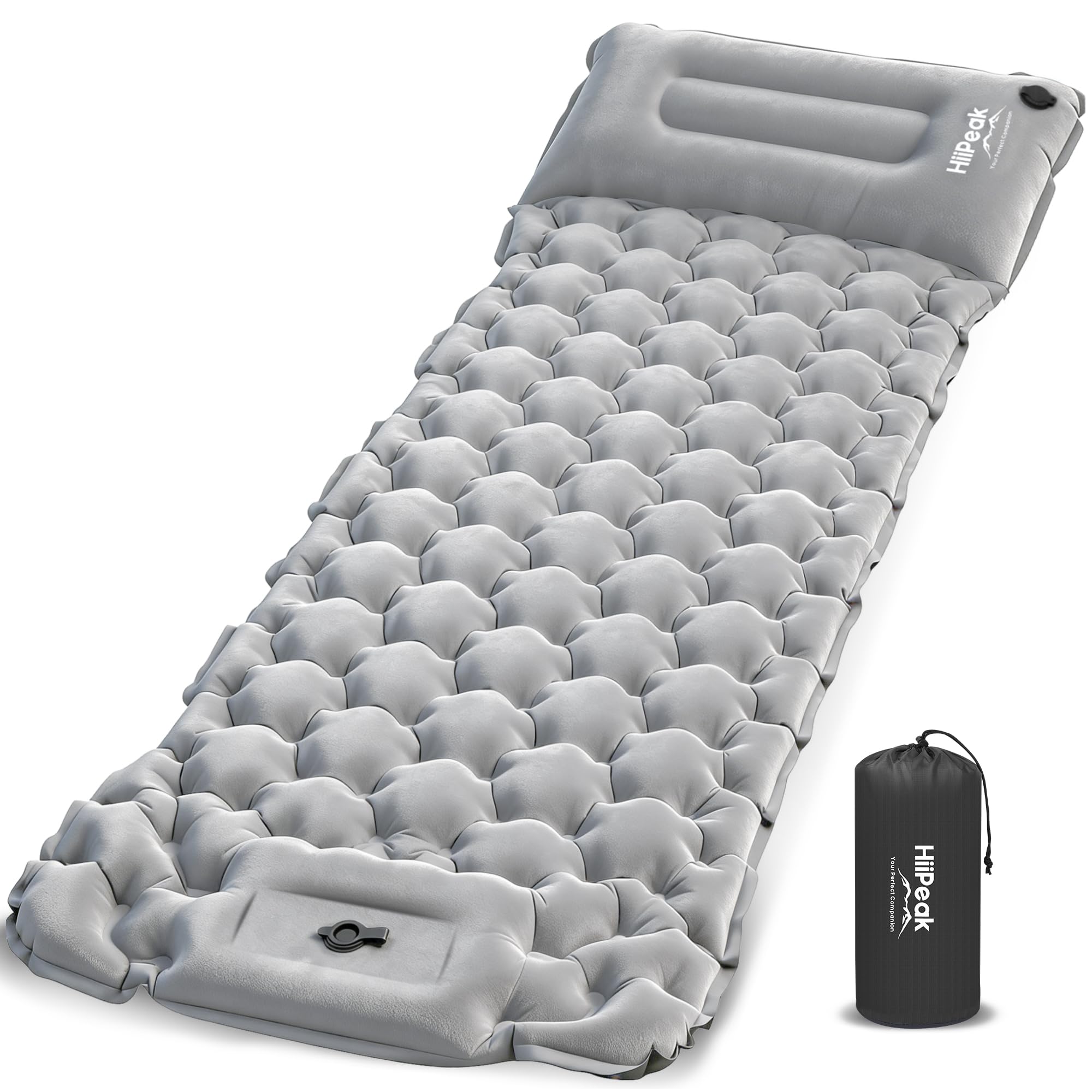 HiiPeak Camping Sleeping Pad, Suede Top Camping Mat with Pillow, Built-in Foot Pump Inflatable Sleeping Pads Compact for Camping Backpacking Hiking Traveling Tent (Single Gray)